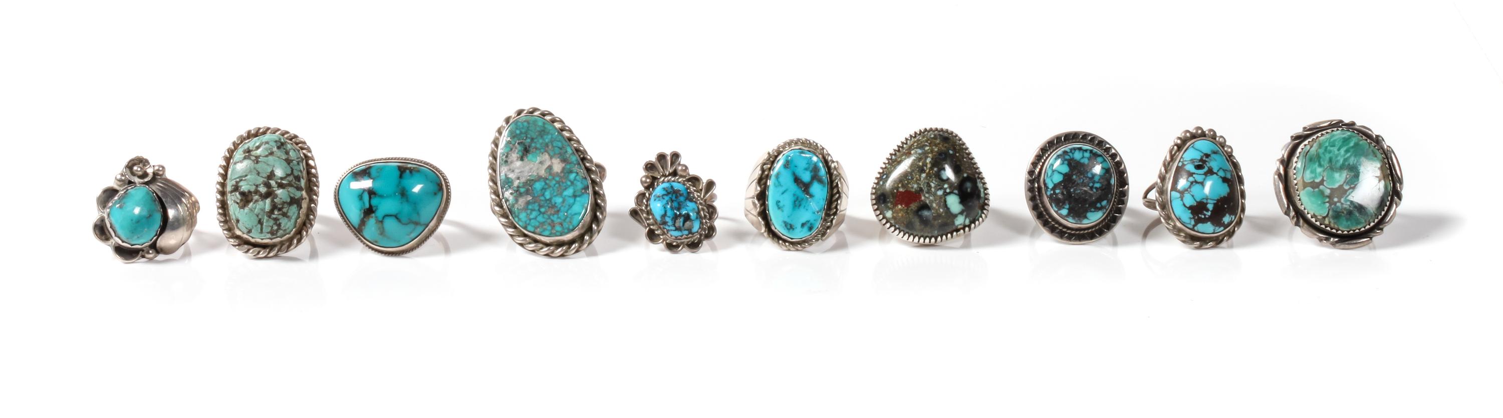 Ten Navajo Silver and Turquoise Rings