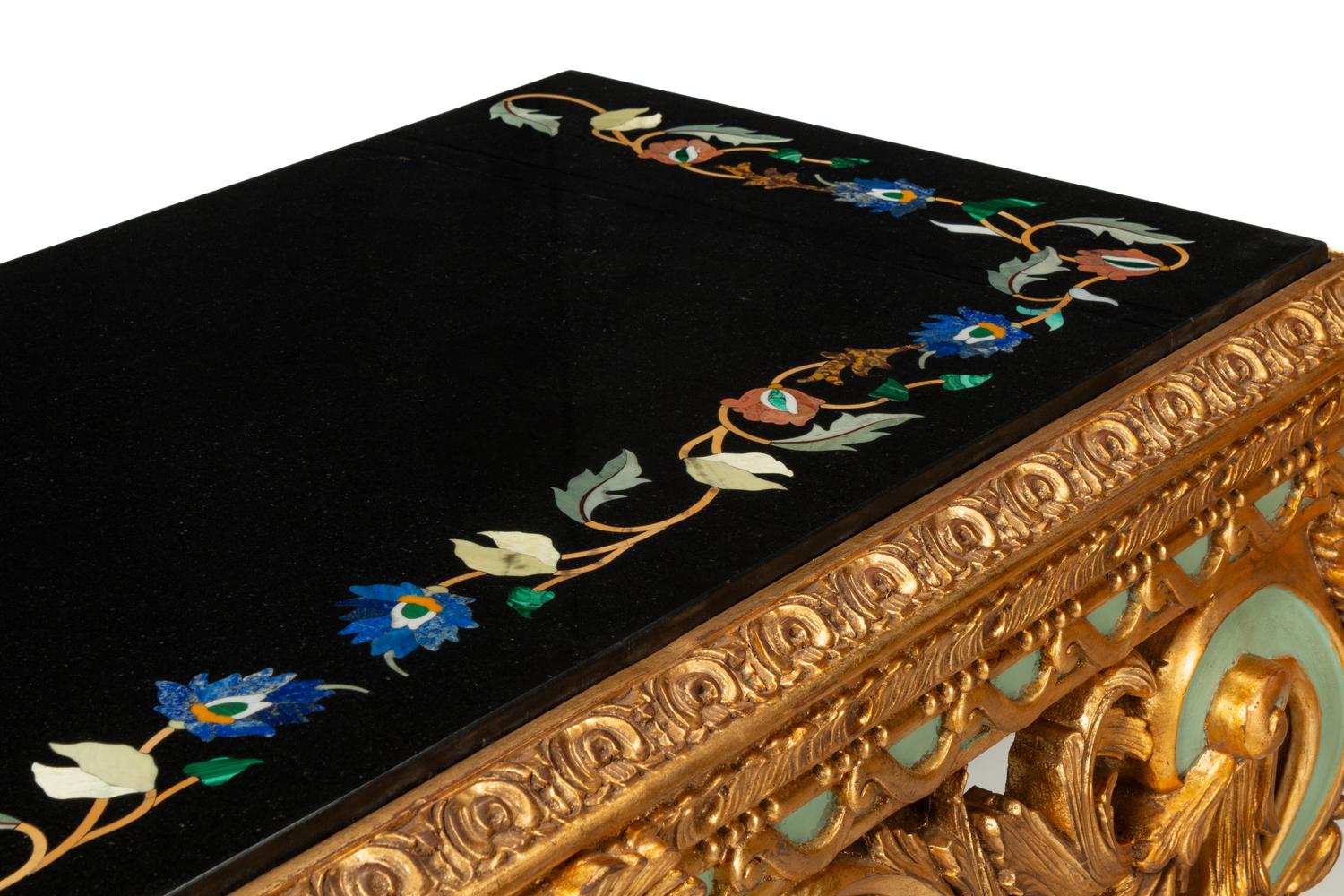 A Pair of Continental Giltwood Console Tables with Pietra Dura Tops