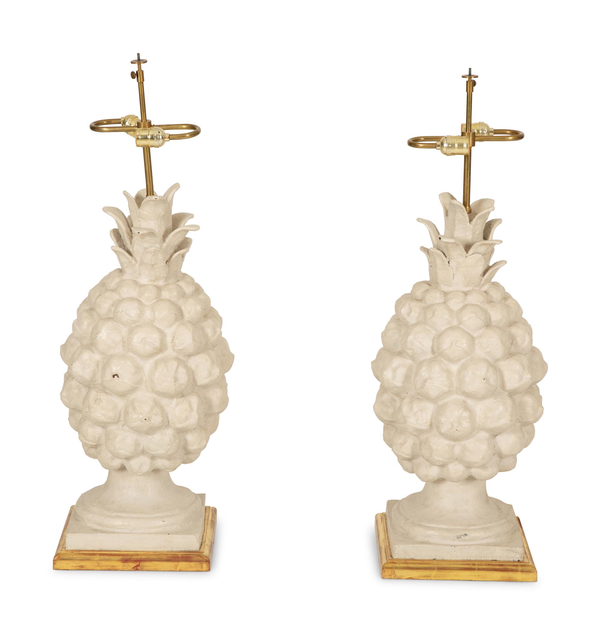 A Pair of White Painted Metal Pineapple-form Table Lamps