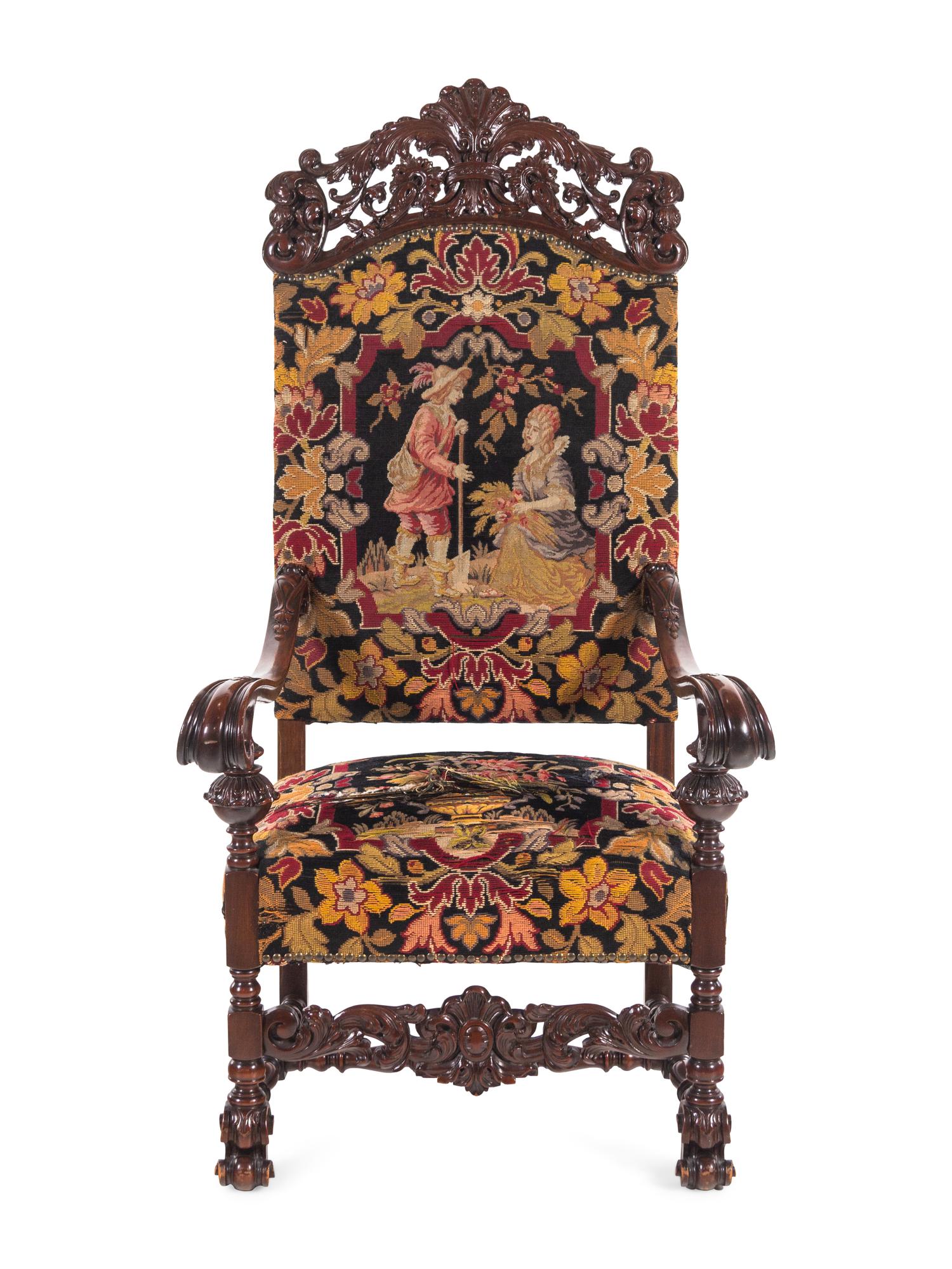 A William and Mary Style Carved Mahogany Armchair