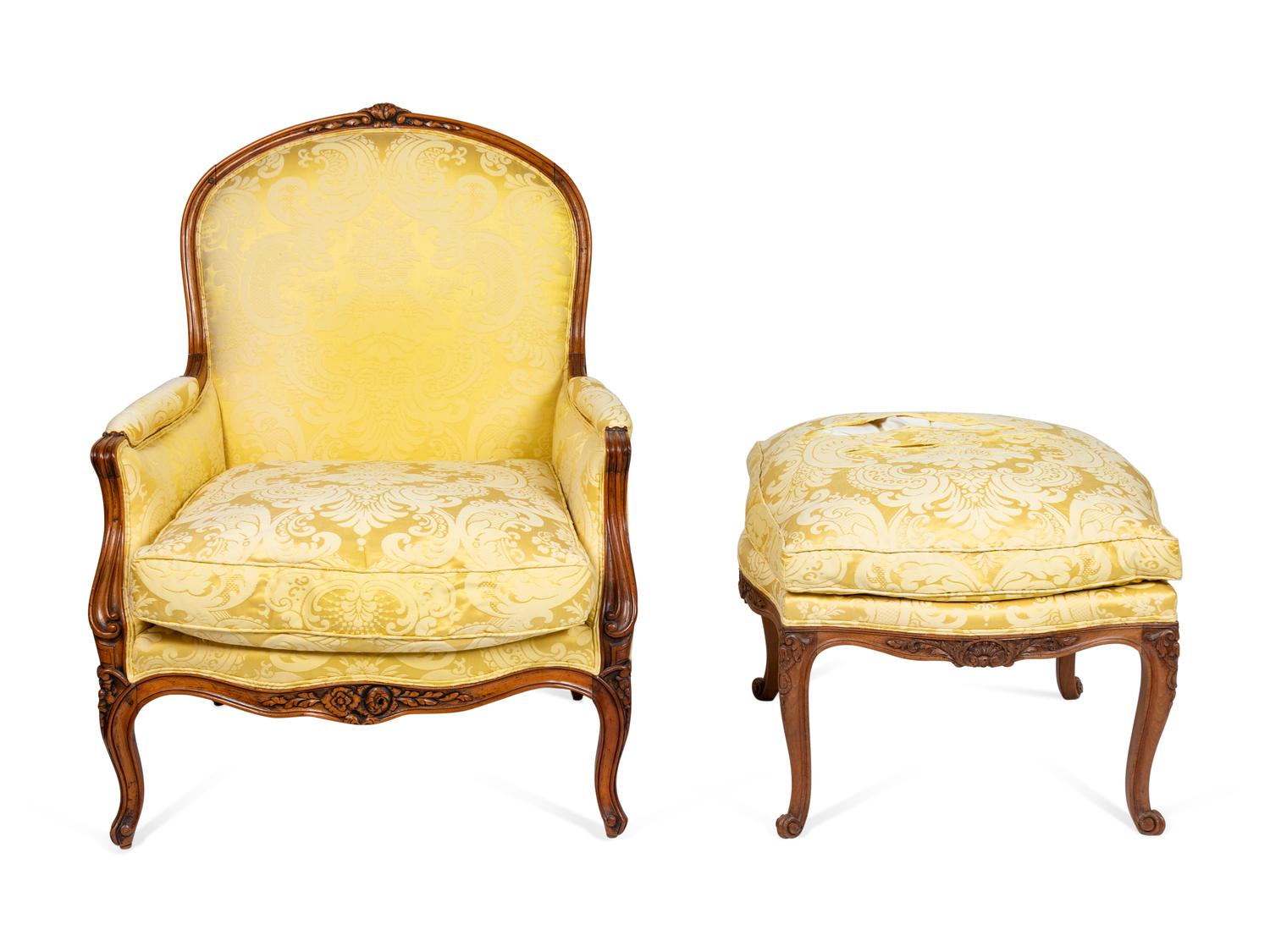 A Louis XV Style Carved Beechwood Bergère and Ottoman