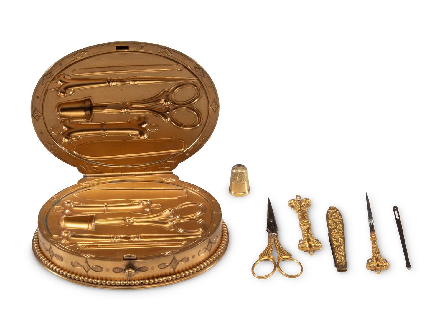 A Sèvres Style Porcelain Inset Gilt Metal Sewing Kit