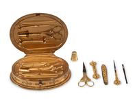 A Sèvres Style Porcelain Inset Gilt Metal Sewing Kit