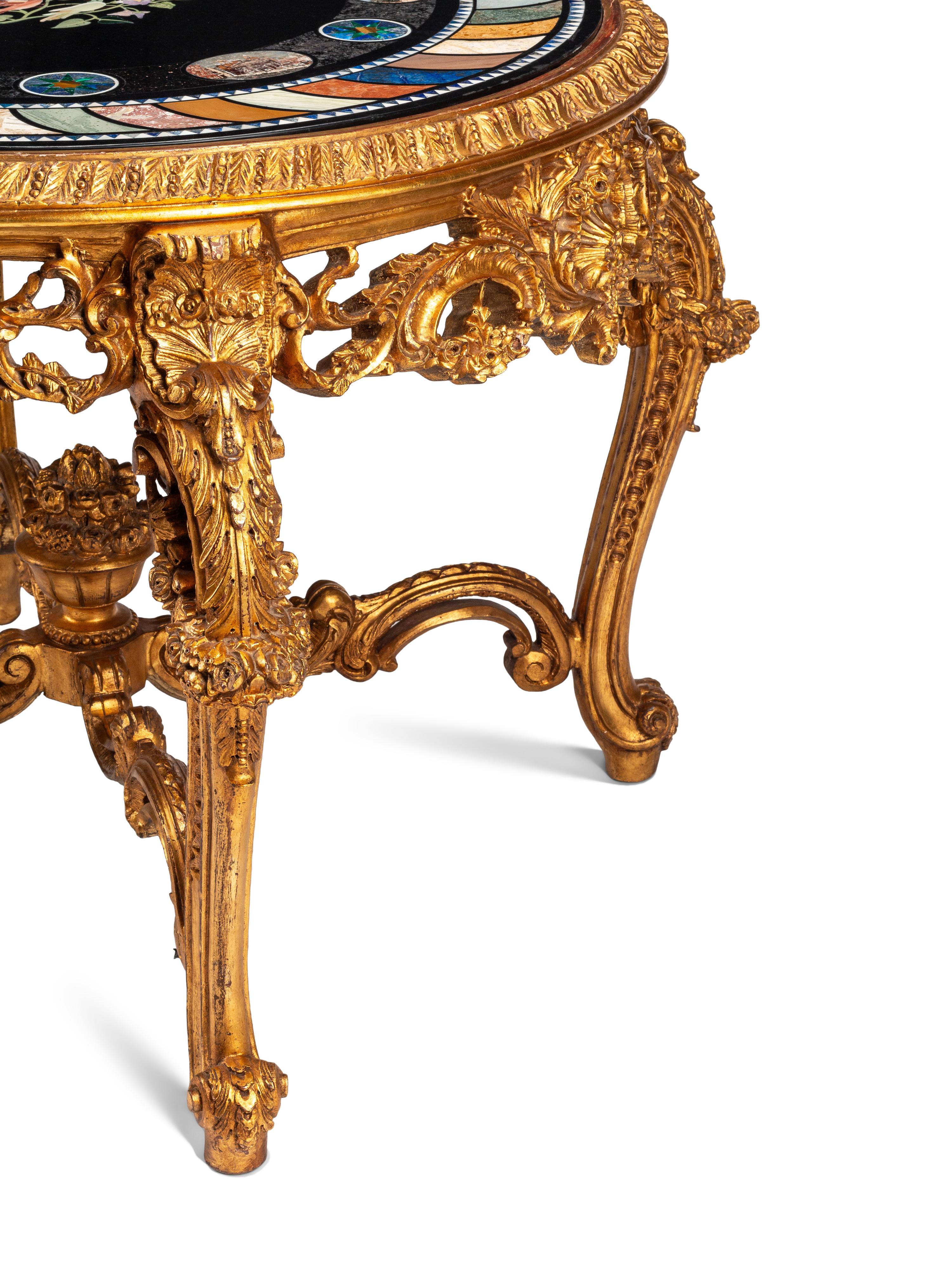A Continental Giltwood, Specimen Marble and Micro Mosaic Center Table