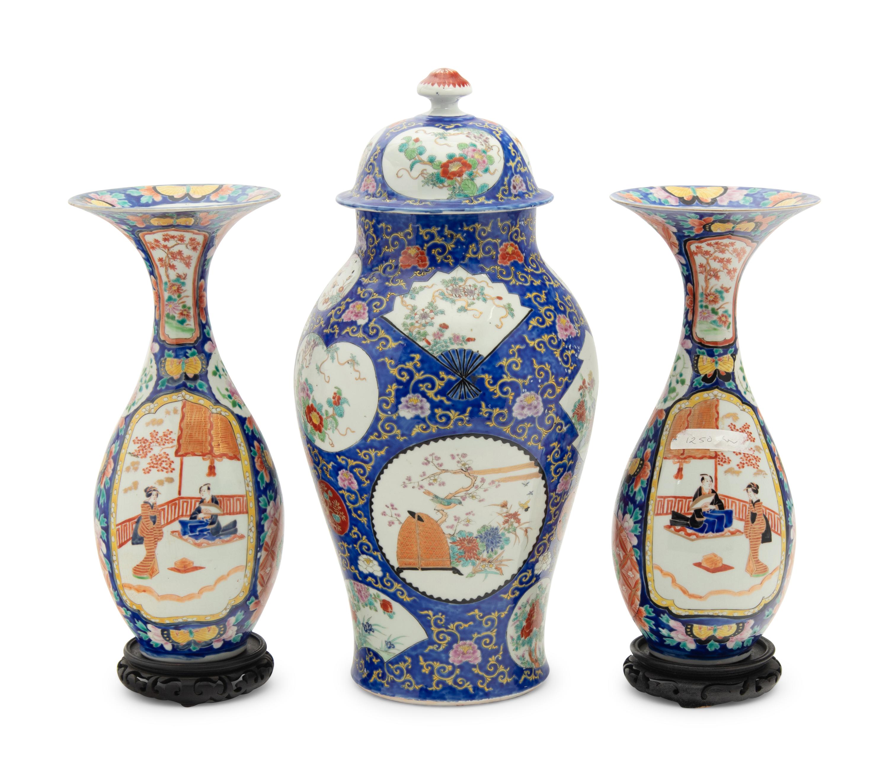 An Assembled Japanese Enameled Porcelain Garniture