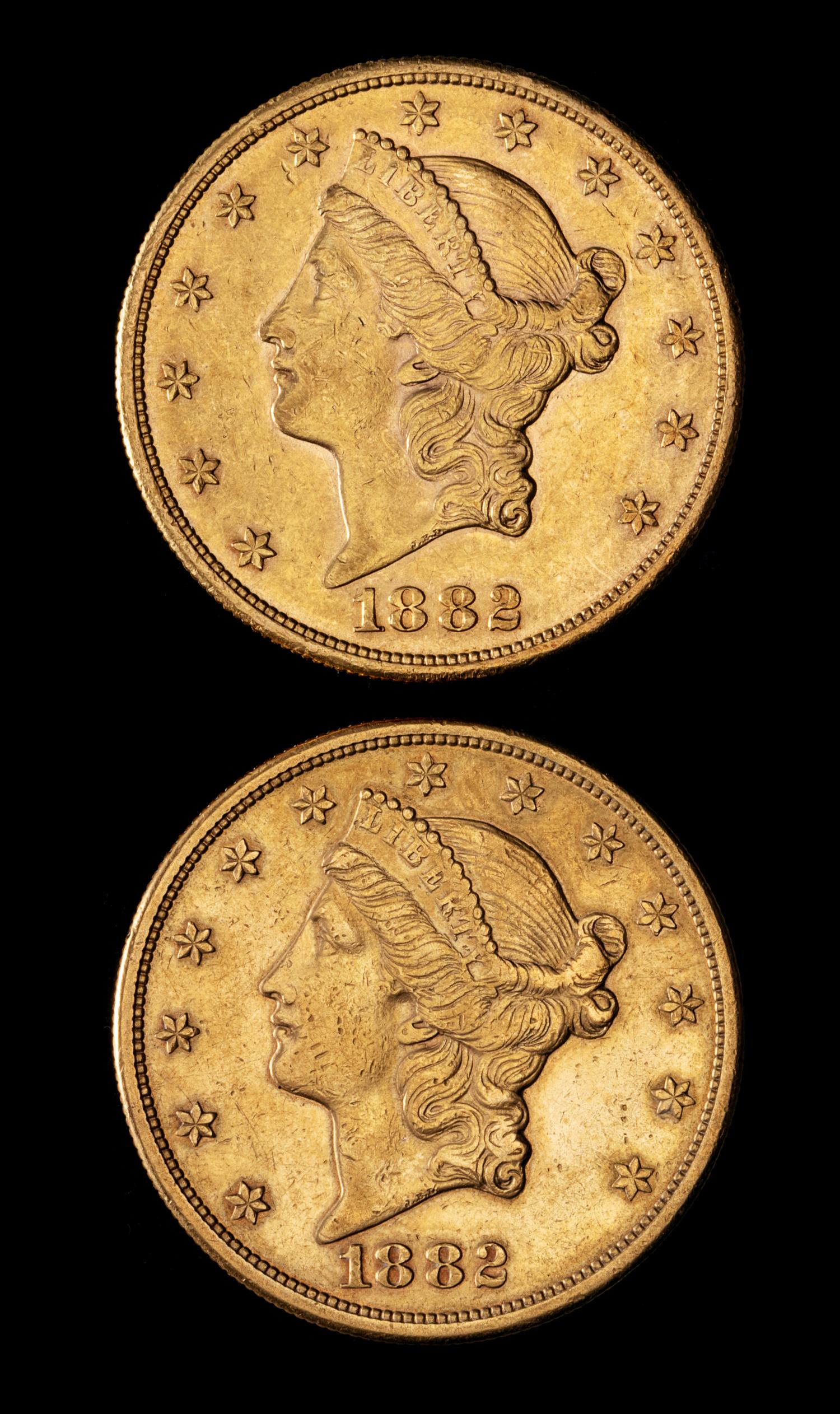 Two United States 1882-S Liberty Head $20 Gold Coin