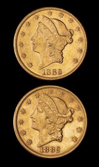 Two United States 1882-S Liberty Head $20 Gold Coin