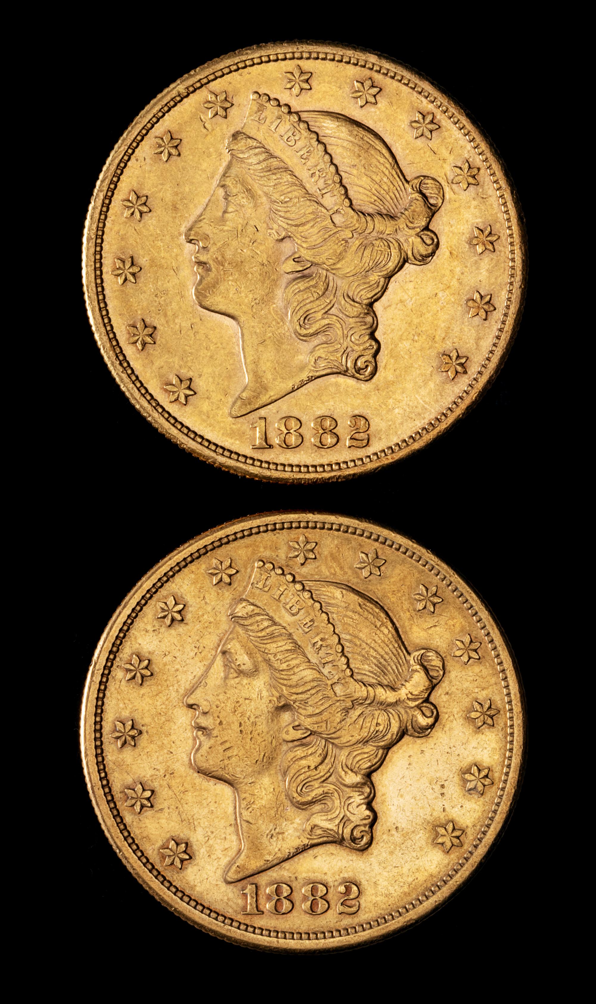 Two United States 1882-S Liberty Head $20 Gold Coin