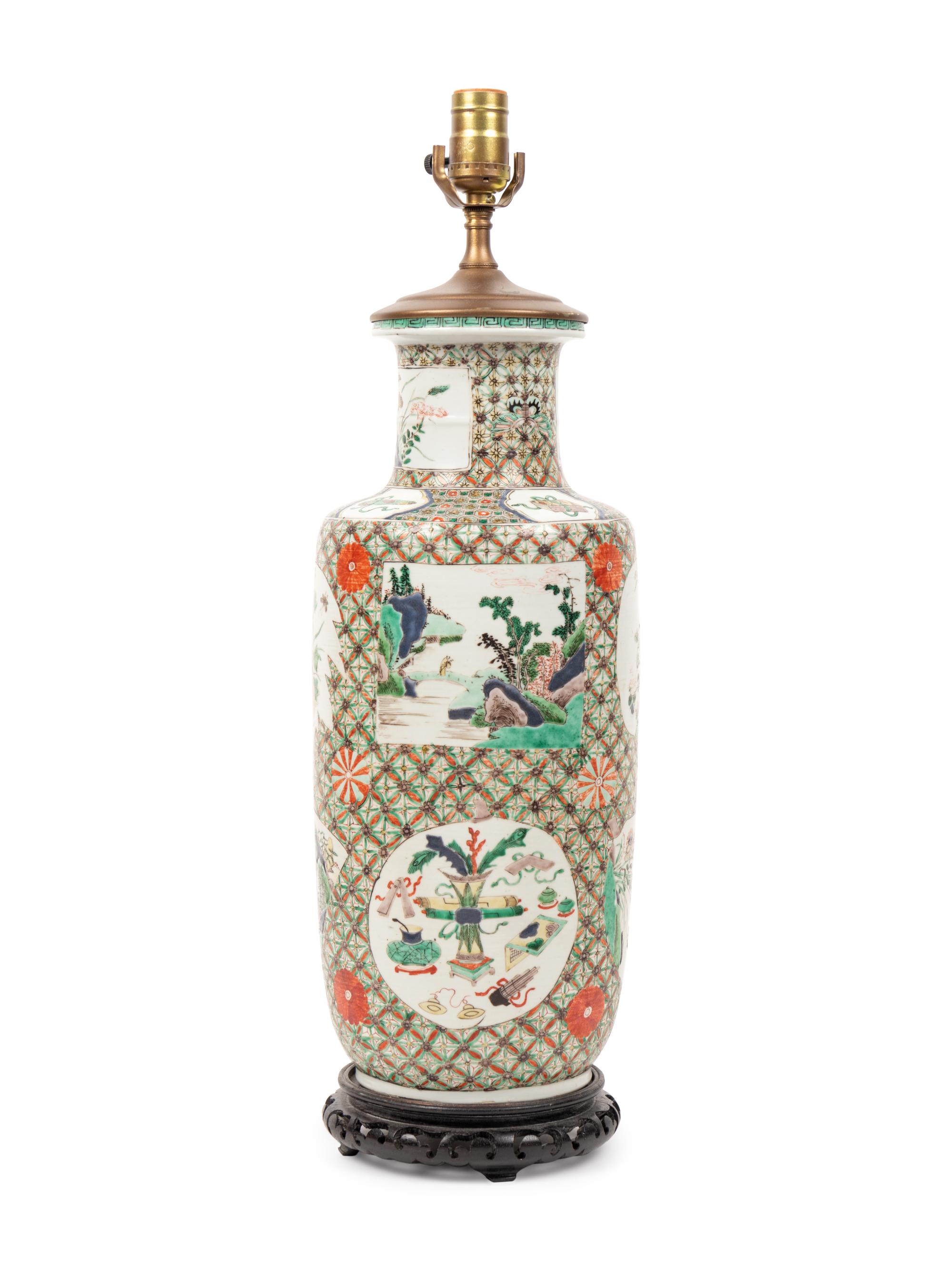 A Chinese Famille Verte Porcelain Rouleau Vase