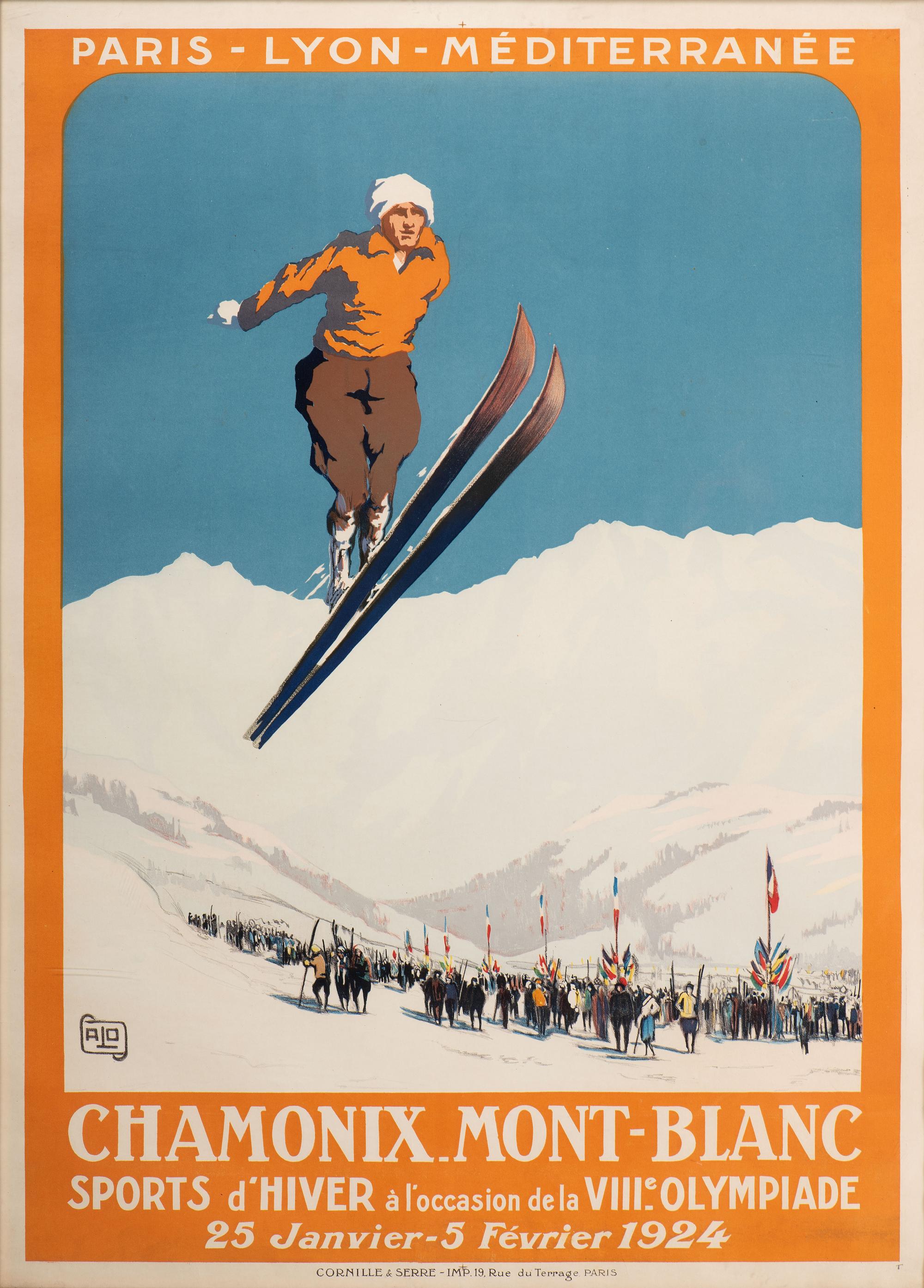 [TRAVEL - WINTER OLYMPICS]. ALO (HALLO, Charles), artist. Chamonix Mont-Blanc / Sports d'Hiver à l'occasion de la VIIIe Olympiade / 25 Janvier-5 Fevrier 1924 . Paris: Cornille & Serre, 1924.