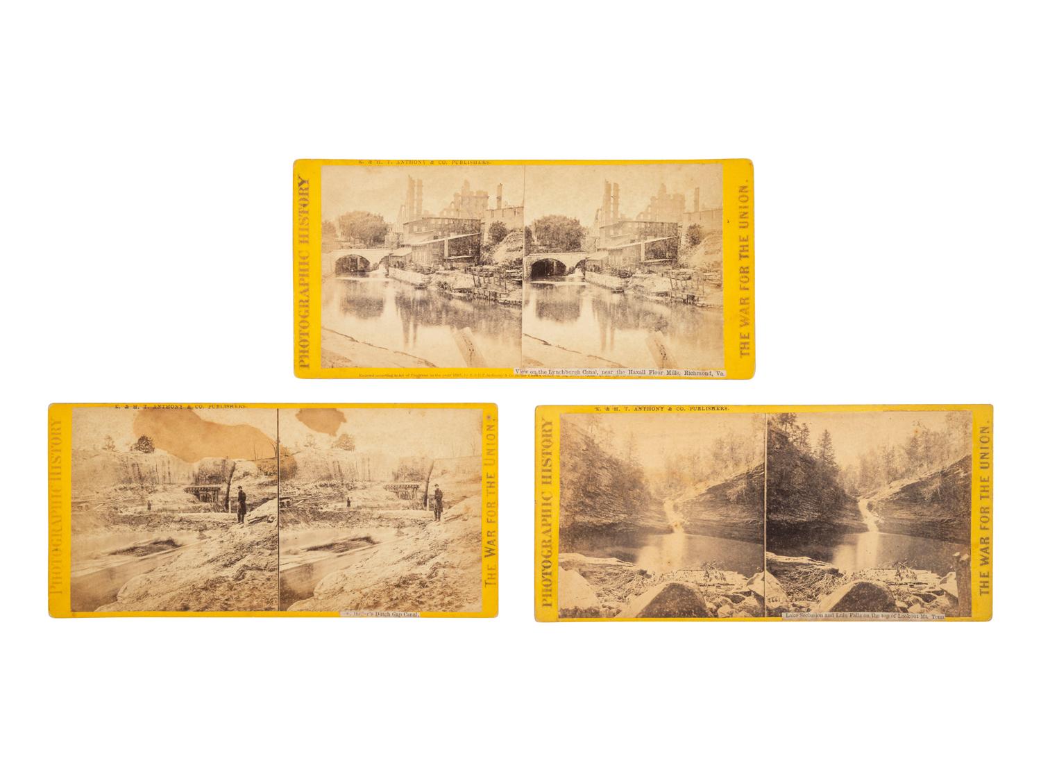 [CIVIL WAR]. 11 stereoviews featuring waterways, gun boats, and pontoon bridges.