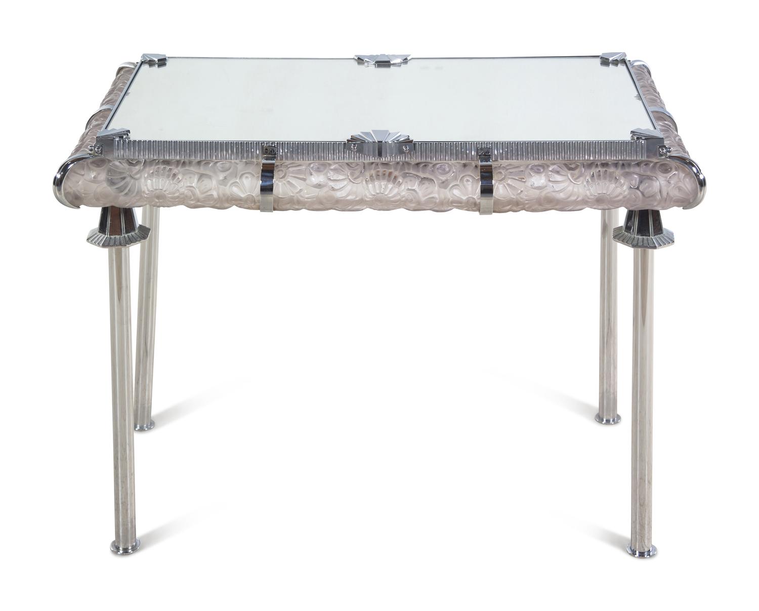 An Art Deco Style Frosted Glass, Mirror and Chrome Side Table