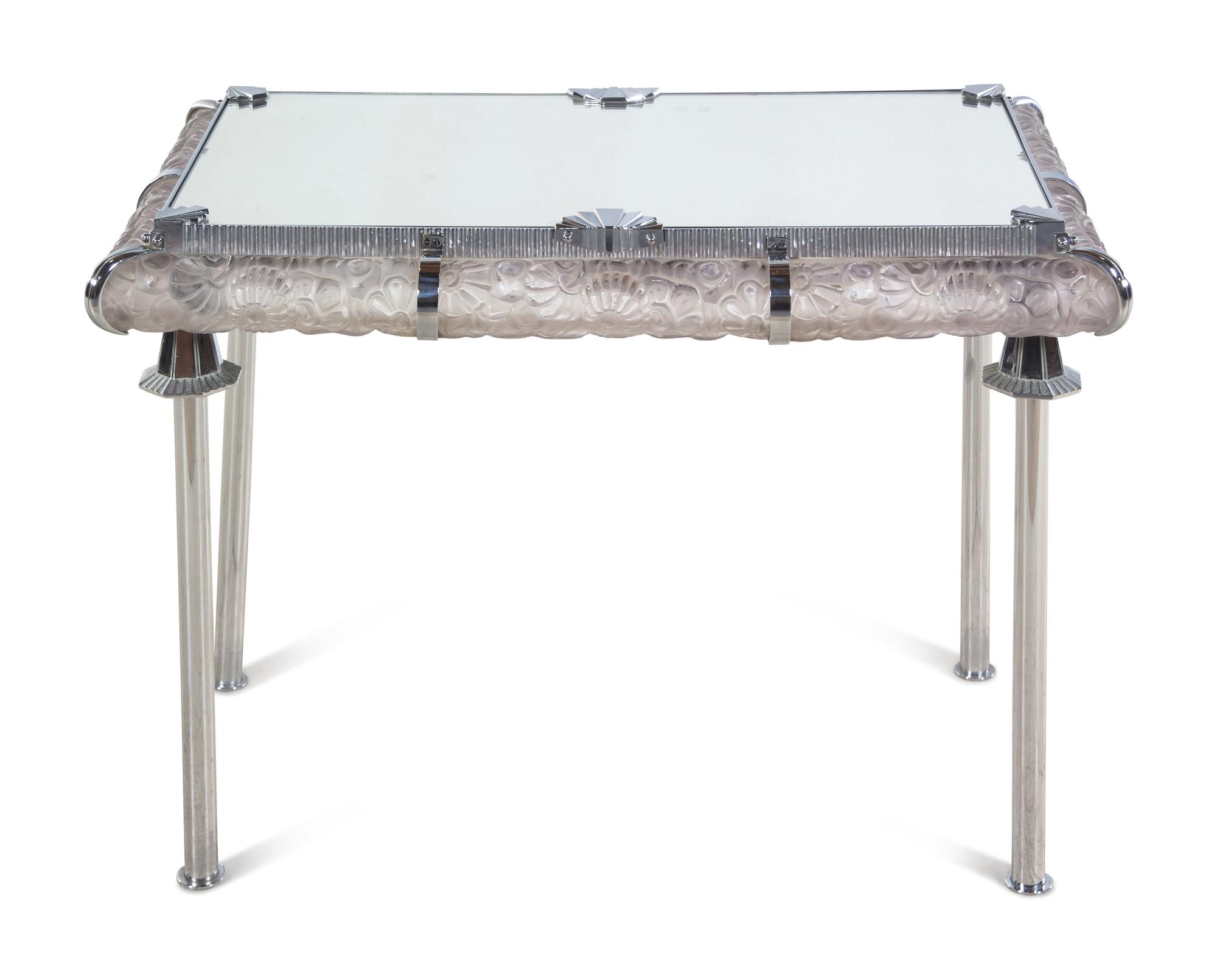 An Art Deco Style Frosted Glass, Mirror and Chrome Side Table