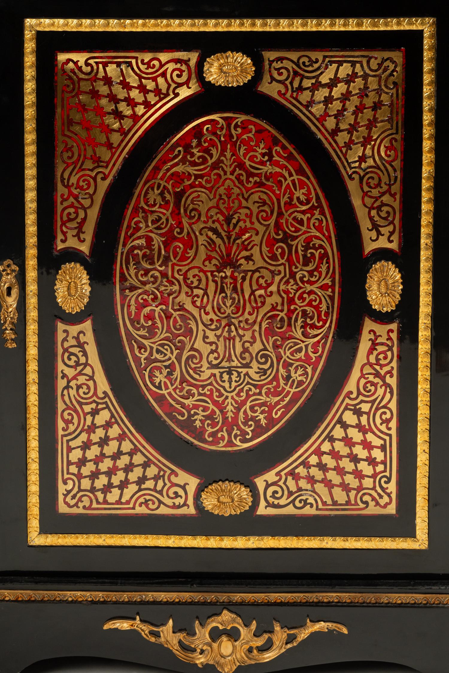 A Pair of Napoleon III Style Gilt Bronze Mounted Boulle Marquetry Marble-Top Cabinets