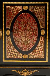 A Pair of Napoleon III Style Gilt Bronze Mounted Boulle Marquetry Marble-Top Cabinets