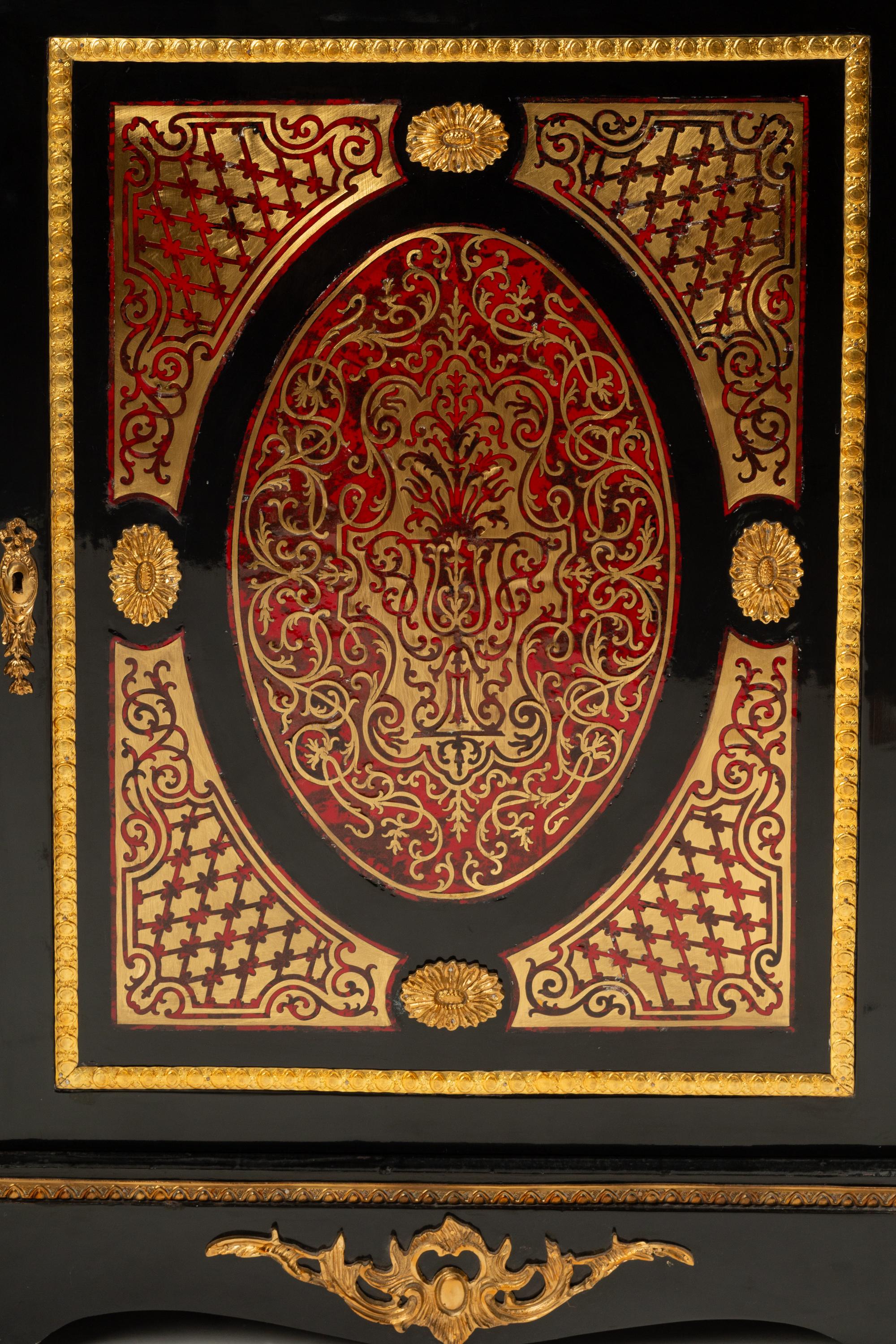 A Pair of Napoleon III Style Gilt Bronze Mounted Boulle Marquetry Marble-Top Cabinets