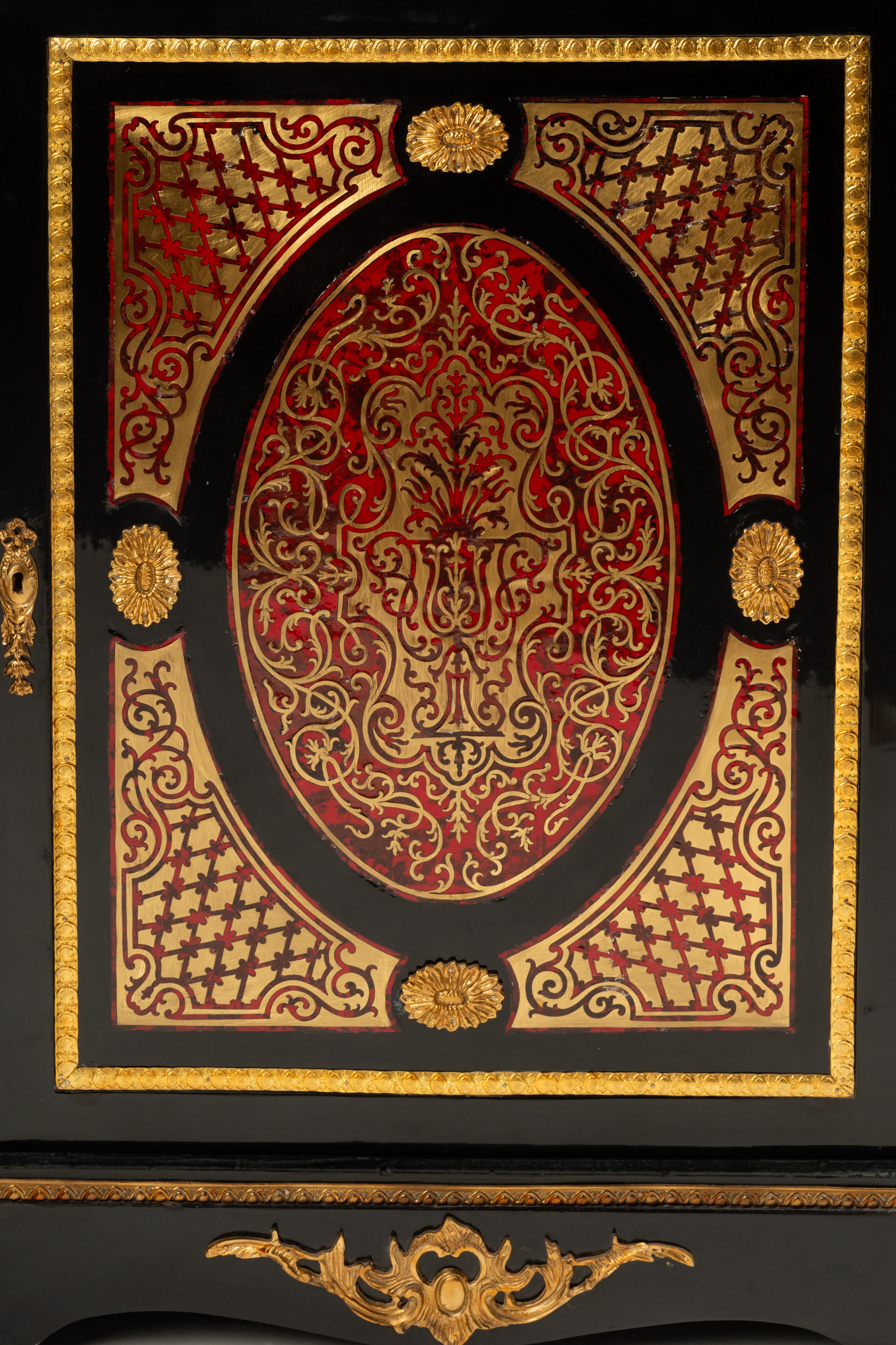 A Pair of Napoleon III Style Gilt Bronze Mounted Boulle Marquetry Marble-Top Cabinets