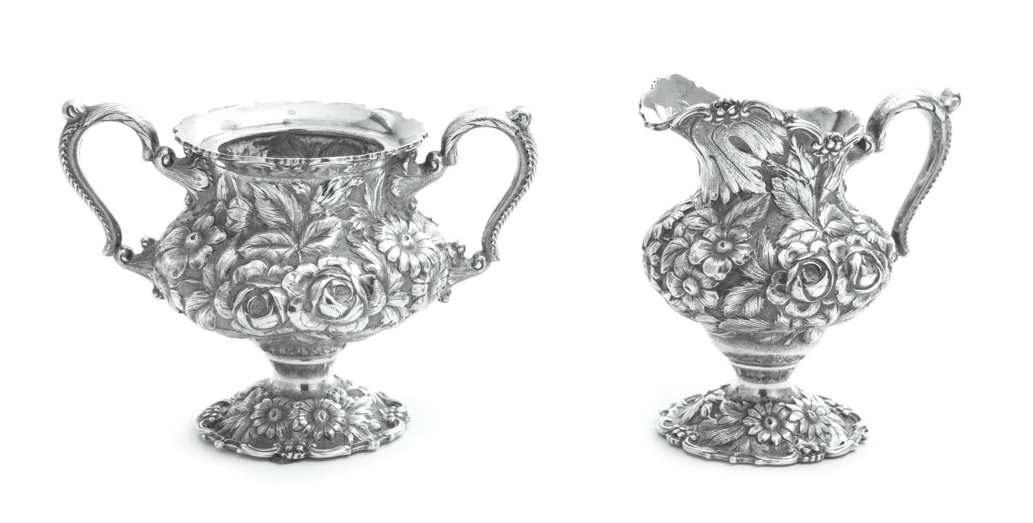 An American Silver Creamer and Sugar, The Stieff Company, Baltimore, MD, Rose pattern.