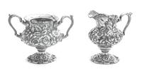 An American Silver Creamer and Sugar, The Stieff Company, Baltimore, MD, Rose pattern.