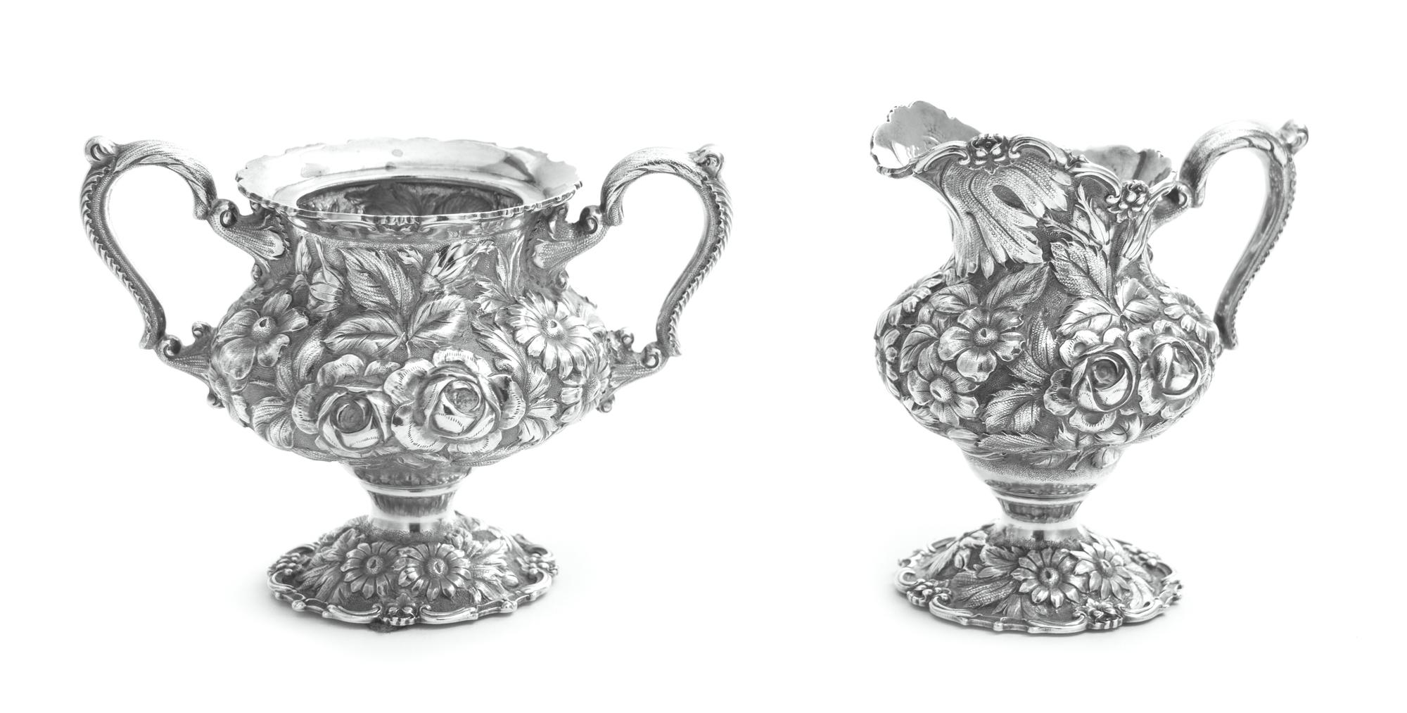An American Silver Creamer and Sugar, The Stieff Company, Baltimore, MD, Rose pattern.