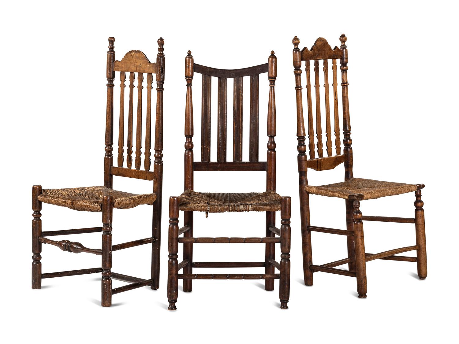 Three William and Mary Bannister-Back Rush-Seat Side Chairs