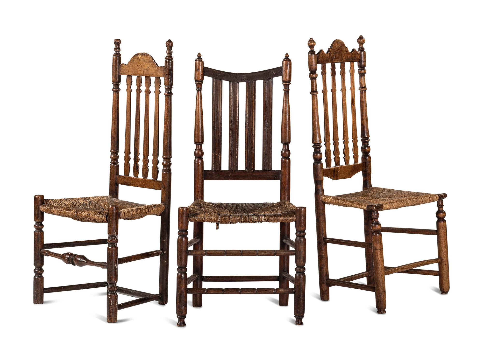 Three William and Mary Bannister-Back Rush-Seat Side Chairs