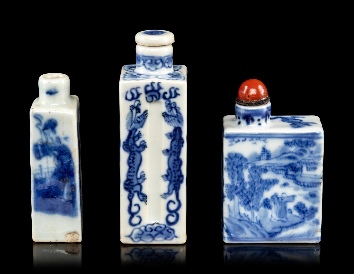 Three Chinese Blue and White Rectangular Form Snuff Bottles