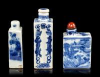 Three Chinese Blue and White Rectangular Form Snuff Bottles