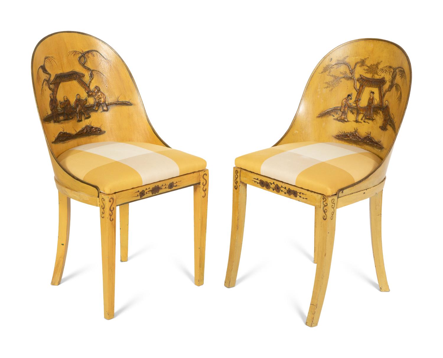 A Pair of Continental Yellow-Painted and Japanned Side Chairs