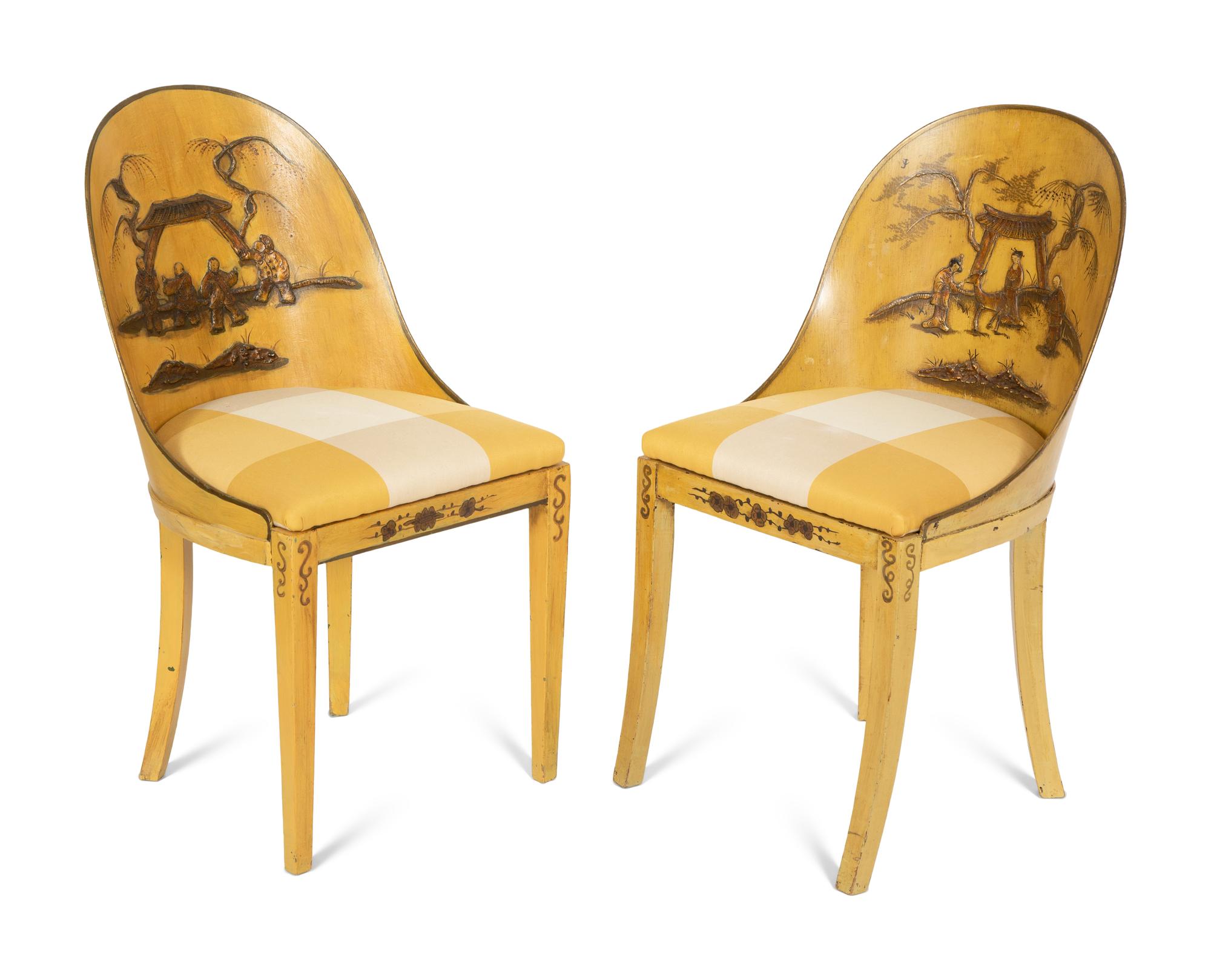 A Pair of Continental Yellow-Painted and Japanned Side Chairs