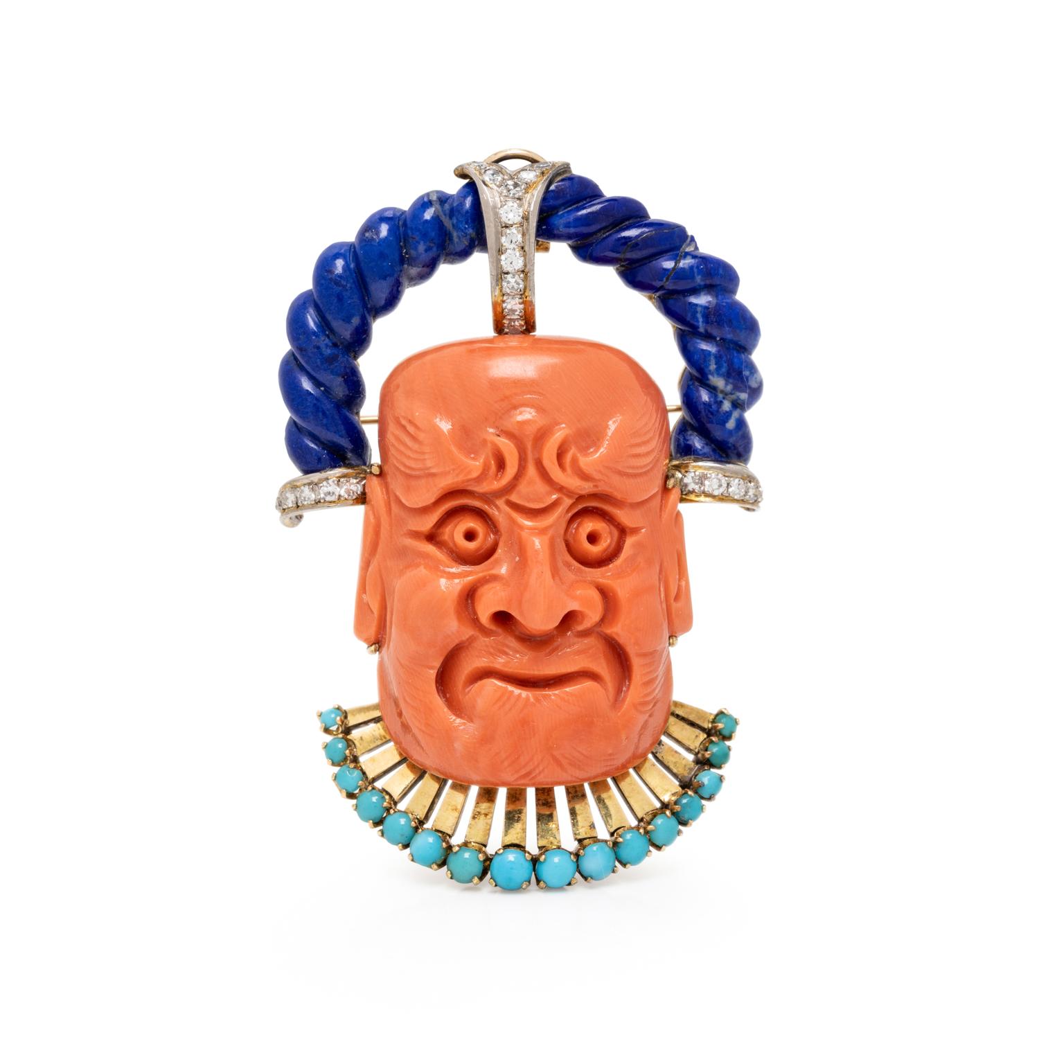 TRIO, CORAL, LAPIS LAZULI, TURQUOISE, AND DIAMOND BROOCH/PENDANT