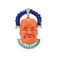 TRIO, CORAL, LAPIS LAZULI, TURQUOISE, AND DIAMOND BROOCH/PENDANT