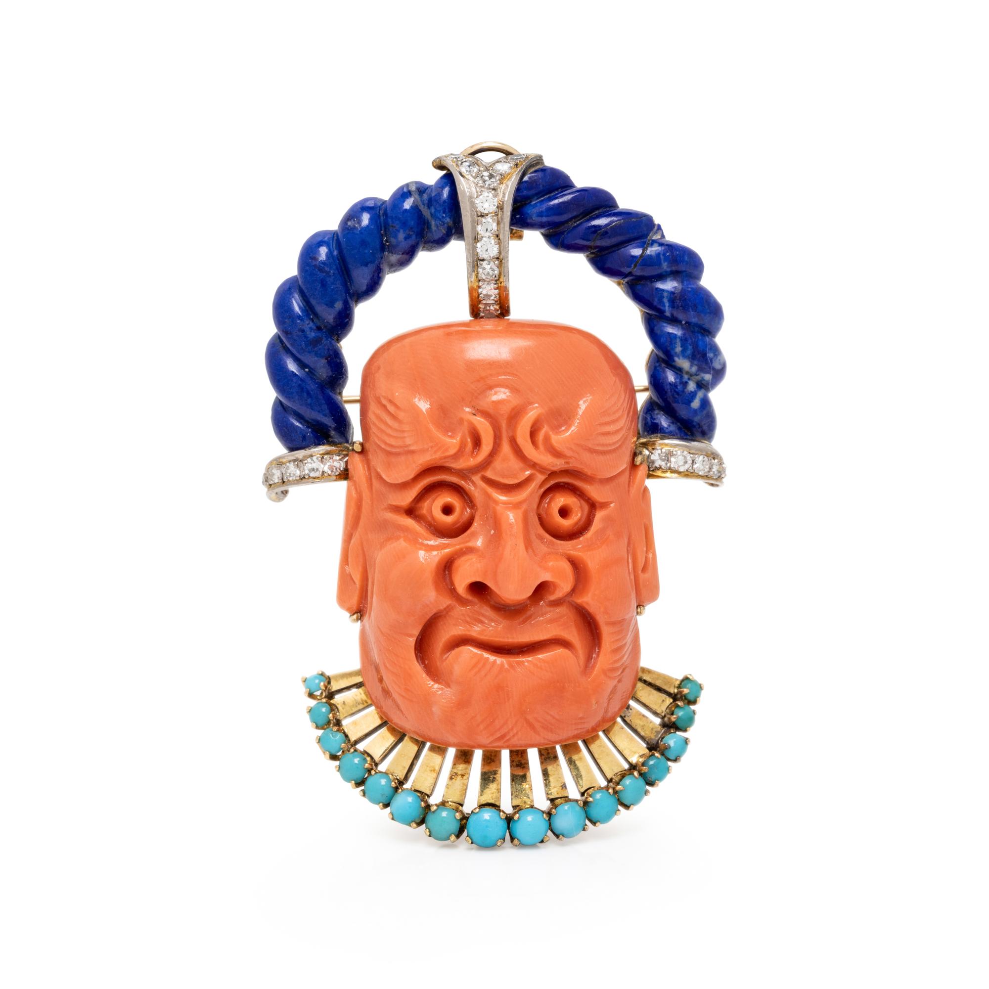 TRIO, CORAL, LAPIS LAZULI, TURQUOISE, AND DIAMOND BROOCH/PENDANT
