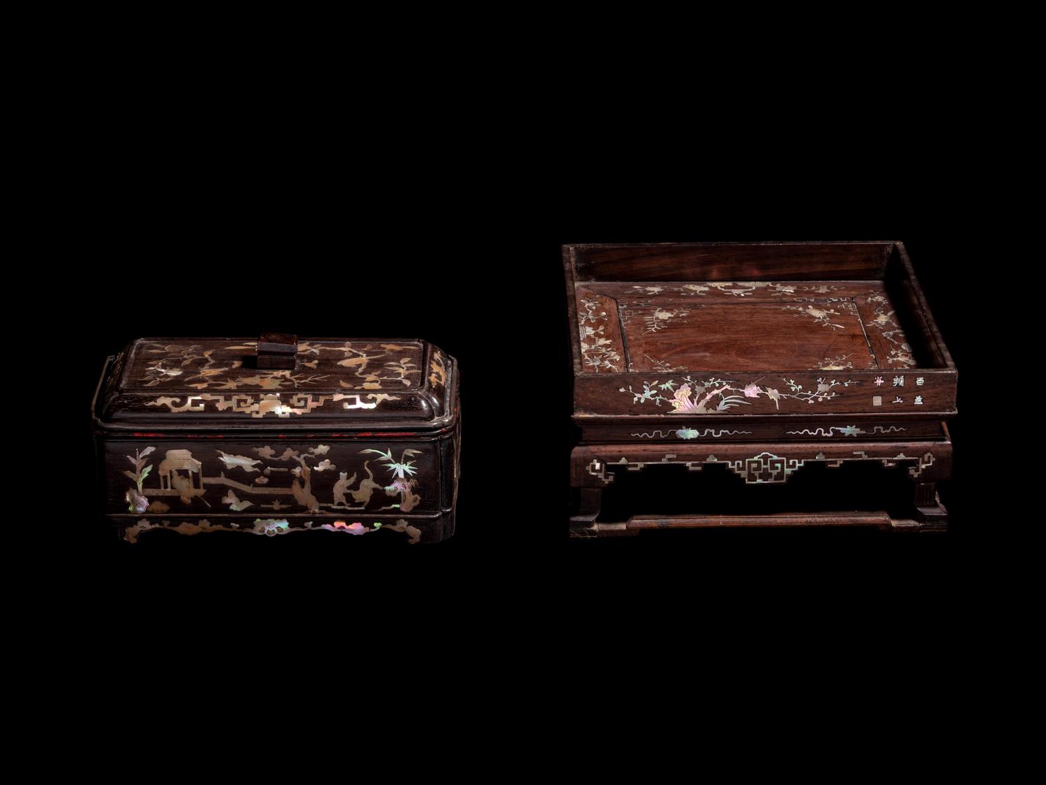Two Mother-of-Pearl Inlaid Hardwood Scholar's Articles