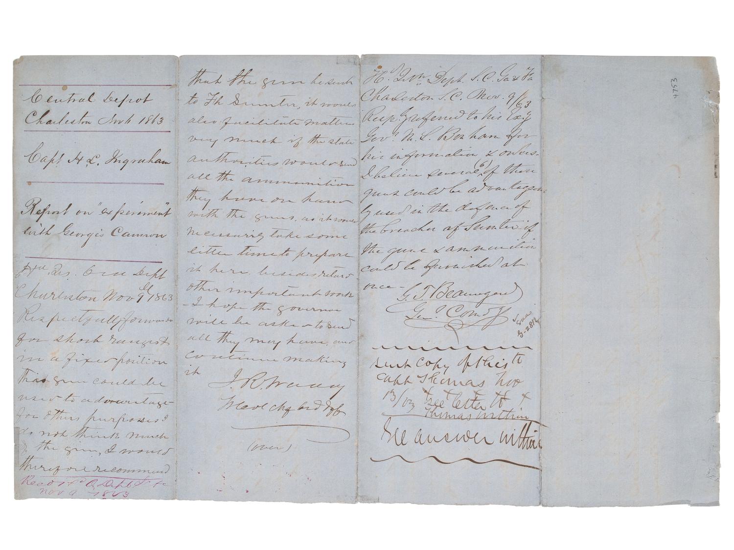 [CIVIL WAR]. BEAUREGARD, P.G.T. (1818-1893). Manuscript "Report on 'experiment' with George's Cannon" signed ("G.T. Beauregard"). Central Depot, Charleston, 6 November 1863.