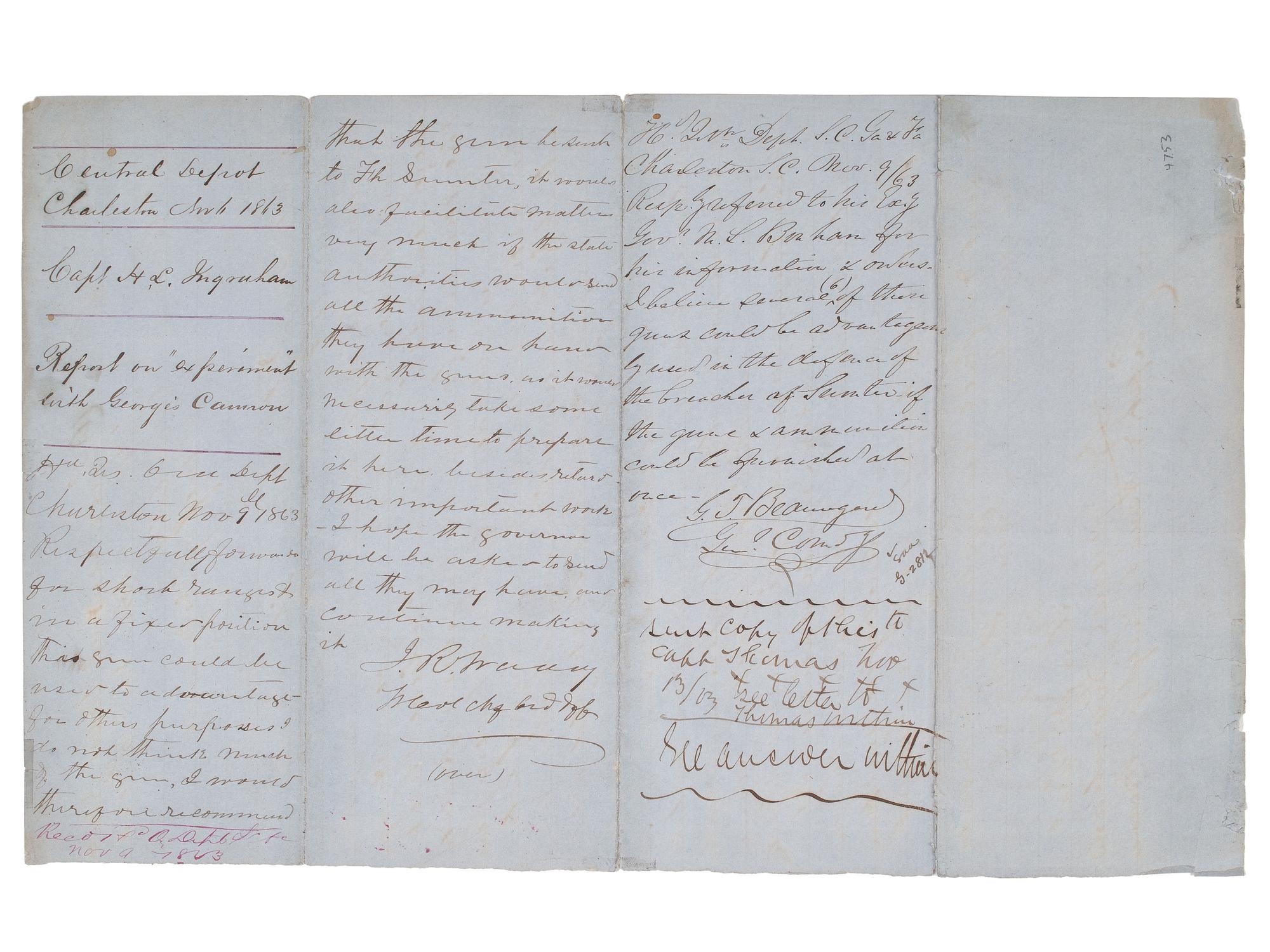[CIVIL WAR]. BEAUREGARD, P.G.T. (1818-1893). Manuscript "Report on 'experiment' with George's Cannon" signed ("G.T. Beauregard"). Central Depot, Charleston, 6 November 1863.