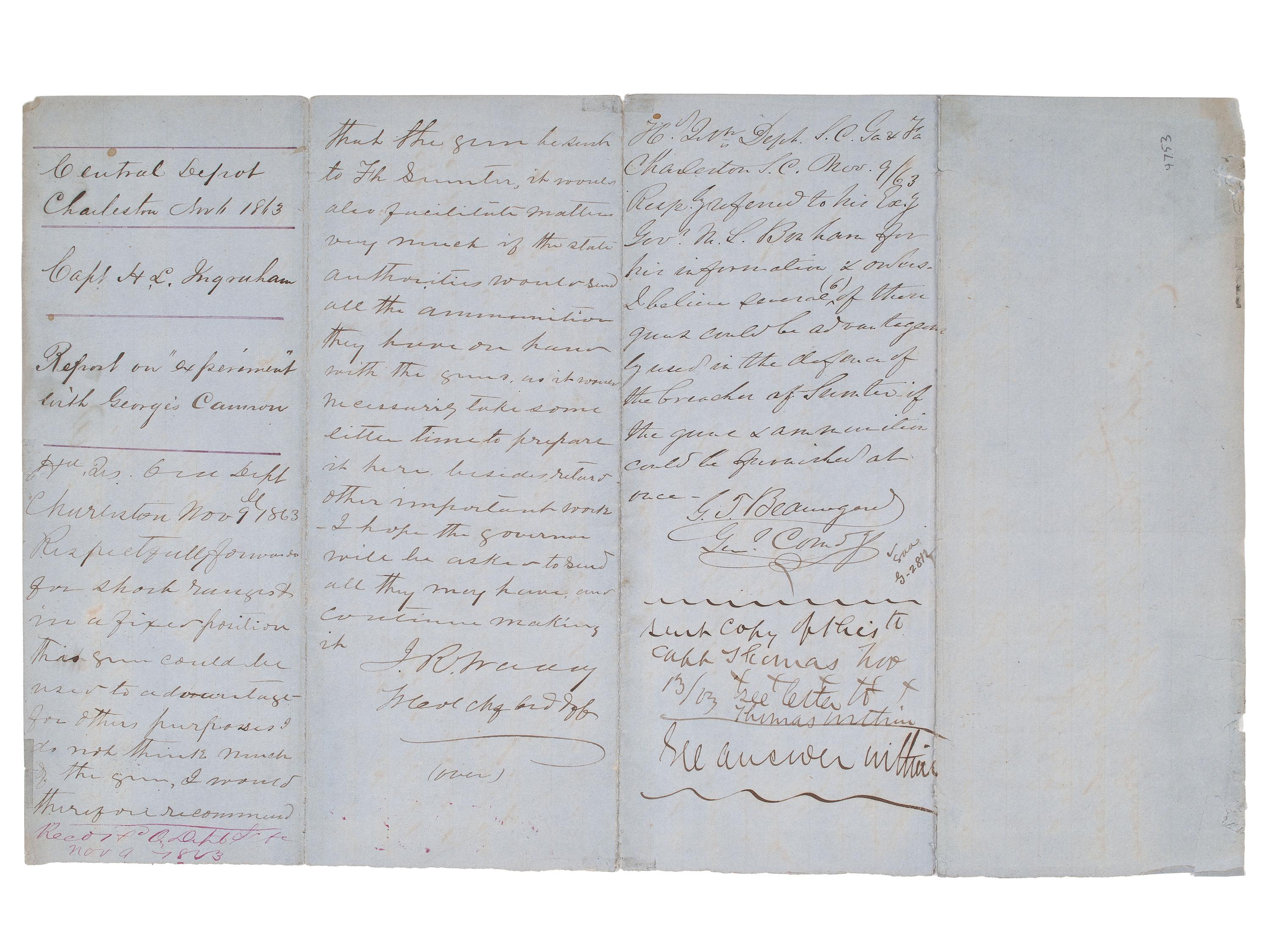 [CIVIL WAR]. BEAUREGARD, P.G.T. (1818-1893). Manuscript "Report on 'experiment' with George's Cannon" signed ("G.T. Beauregard"). Central Depot, Charleston, 6 November 1863.