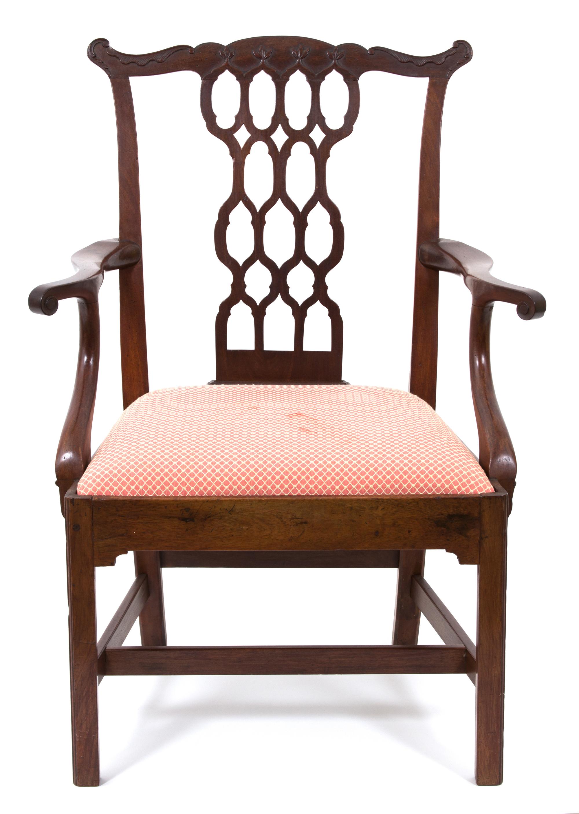 A Chippendale Style Mahogany Open Armchair Height 39 inches. — 20TH CENTURY