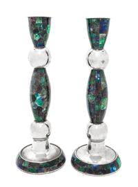 A Pair of Mexican Hardstone Mounted Silver-Plate Candlesticks Height 12 3/4 inches.