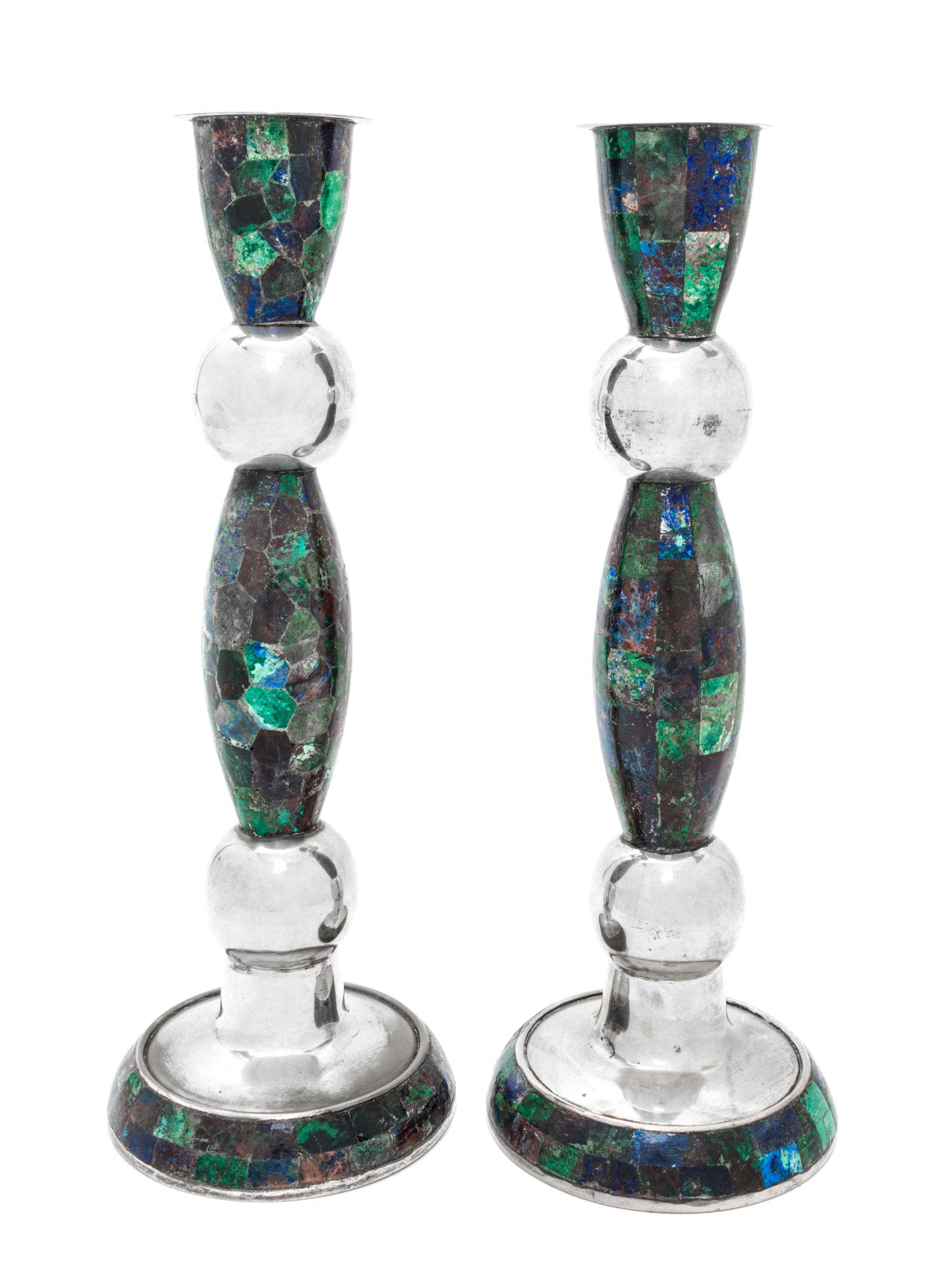 A Pair of Mexican Hardstone Mounted Silver-Plate Candlesticks Height 12 3/4 inches.