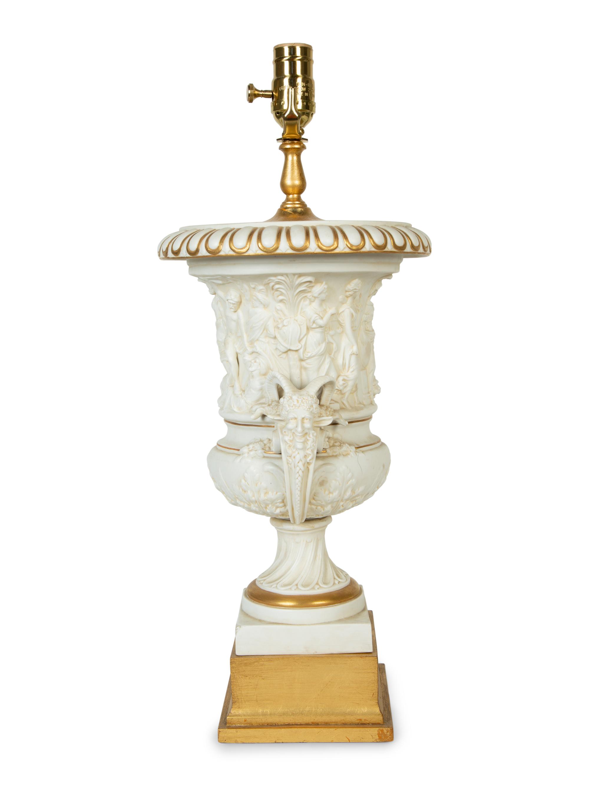 A Neoclassic Style Bisque Porcelain Urn Mounted as a Lamp