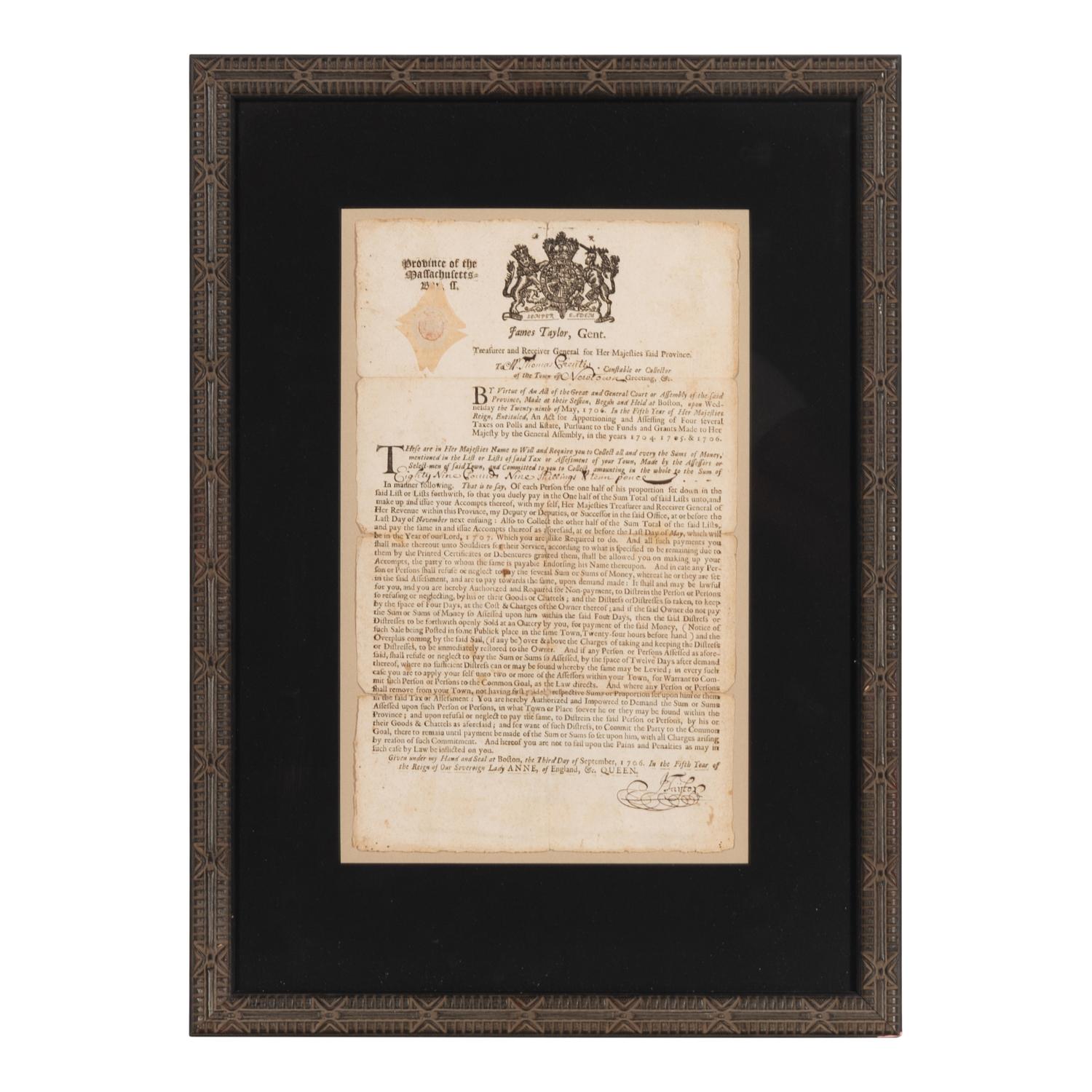 [Americana] [Green Bartholomew] Partially-Printed Massachusetts Tax Collector Broadside
