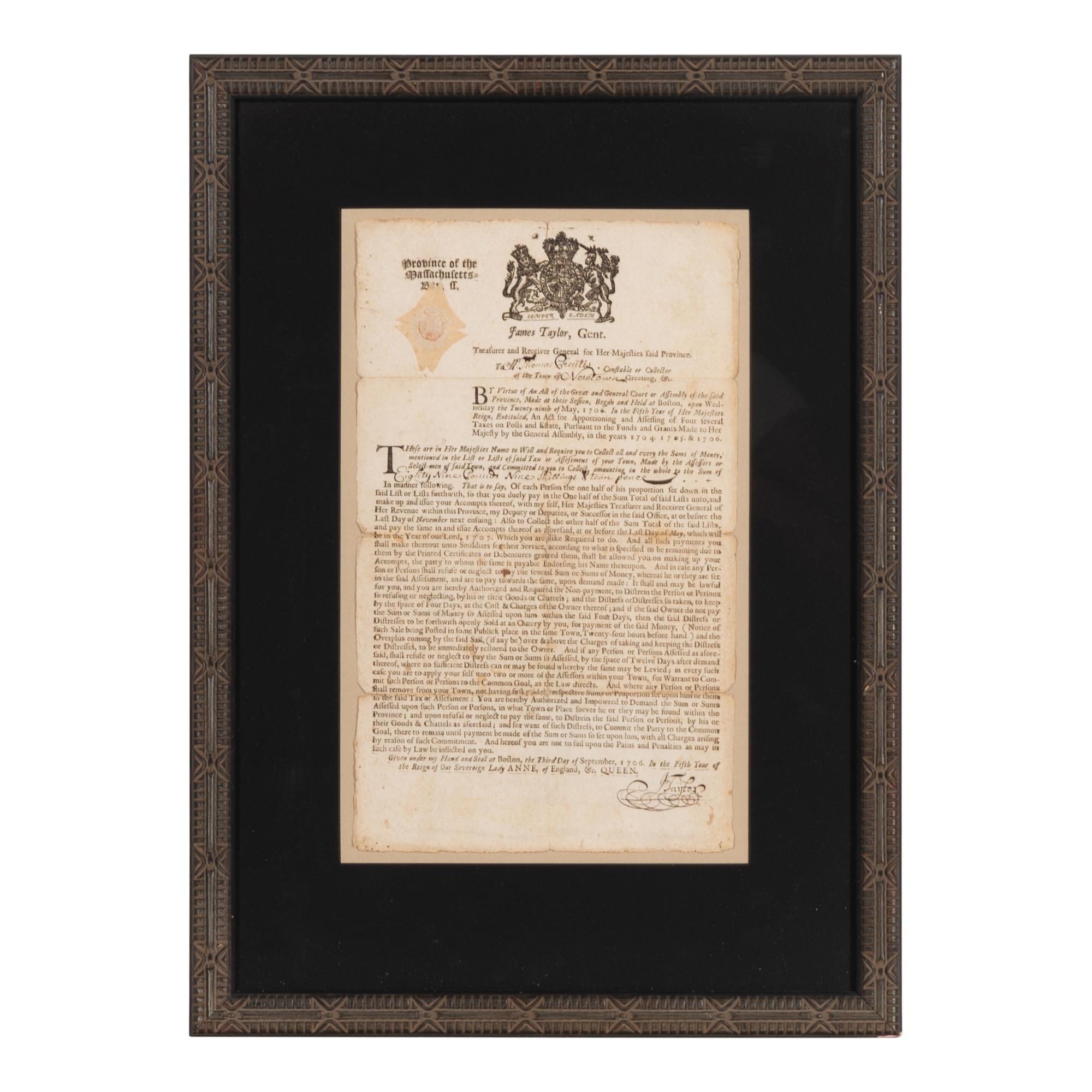 [Americana] [Green Bartholomew] Partially-Printed Massachusetts Tax Collector Broadside