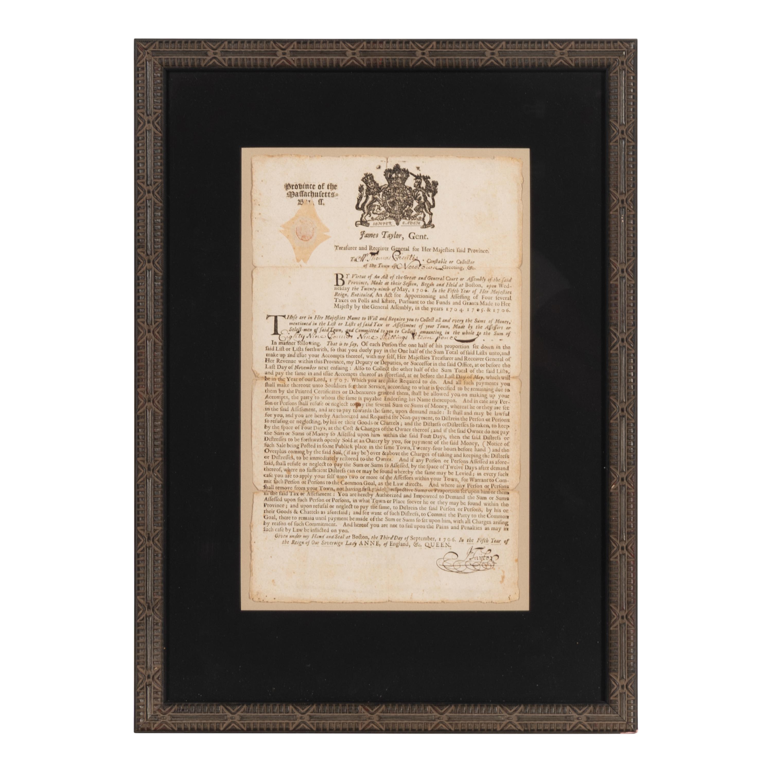 [Americana] [Green Bartholomew] Partially-Printed Massachusetts Tax Collector Broadside