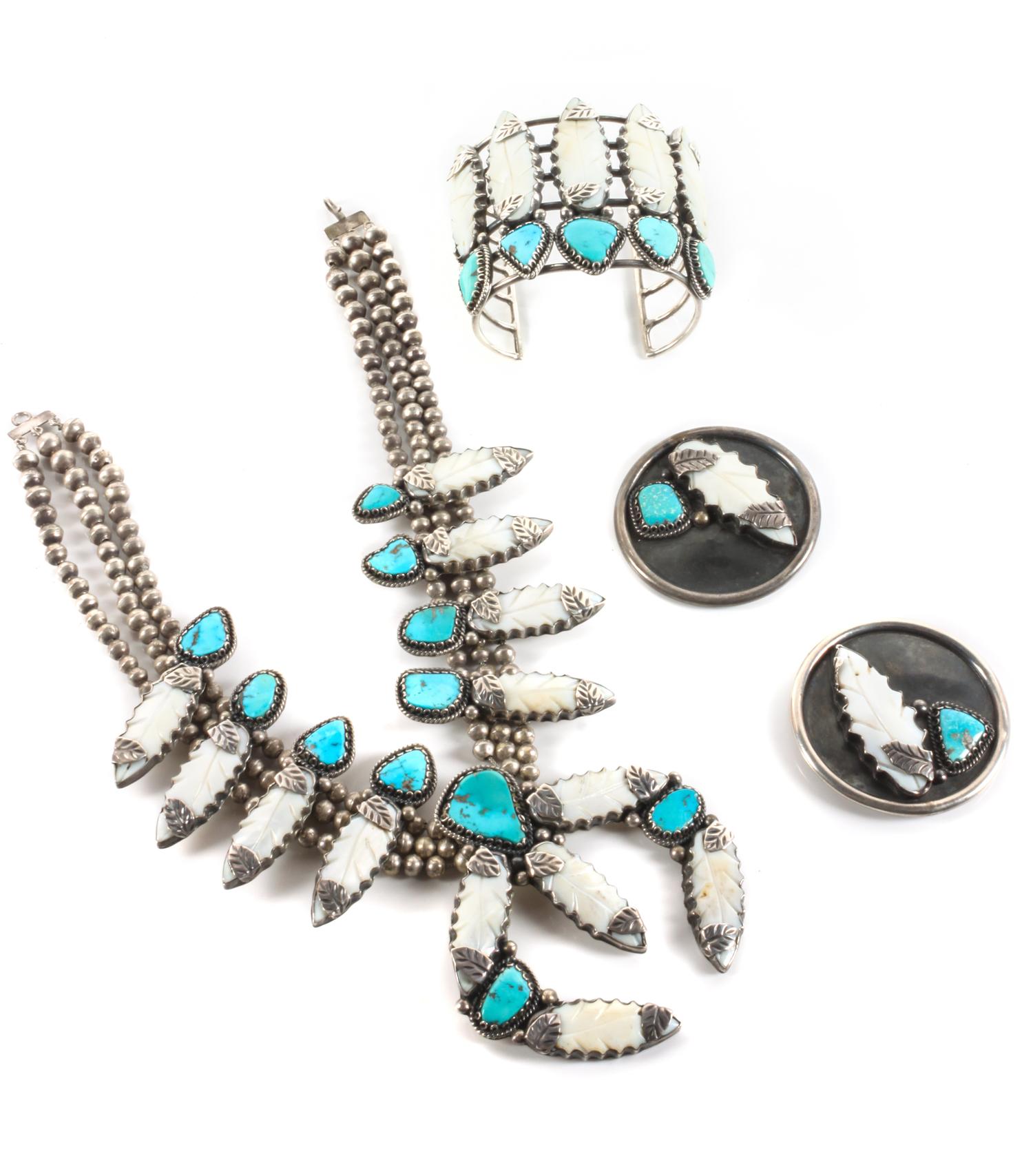 Louise Platero (Dine, 20th Century) Group of Silver, Turquoise and Mother of Pearl Jewelry Length of first 14 inches