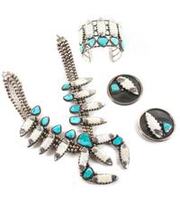 Louise Platero (Dine, 20th Century) Group of Silver, Turquoise and Mother of Pearl Jewelry Length of first 14 inches