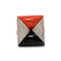 DIAMOND, CORAL AND ONYX RING