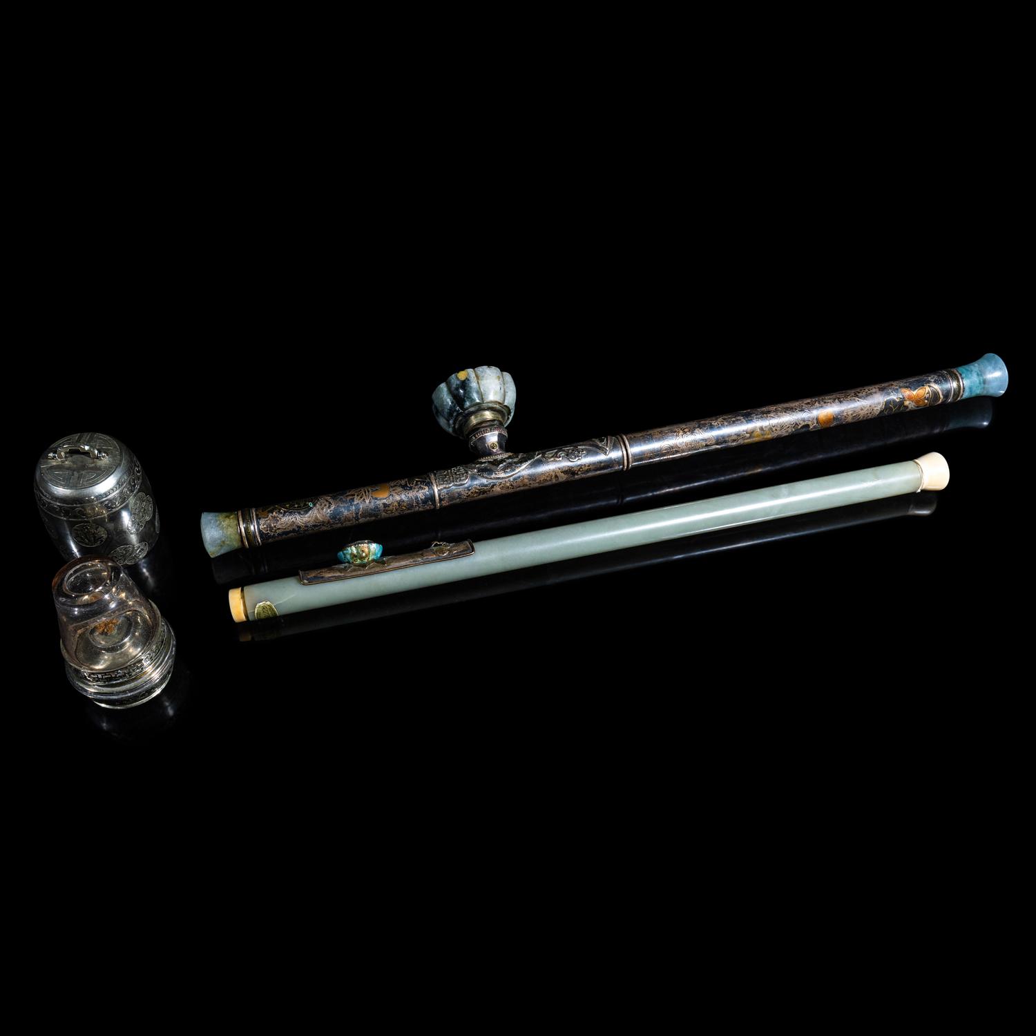Two Chinese Opium Pipes and One Silver Opium Lamp, Late Qing-Republic Period 晚清-民國 烟槍、煙燈兩套
