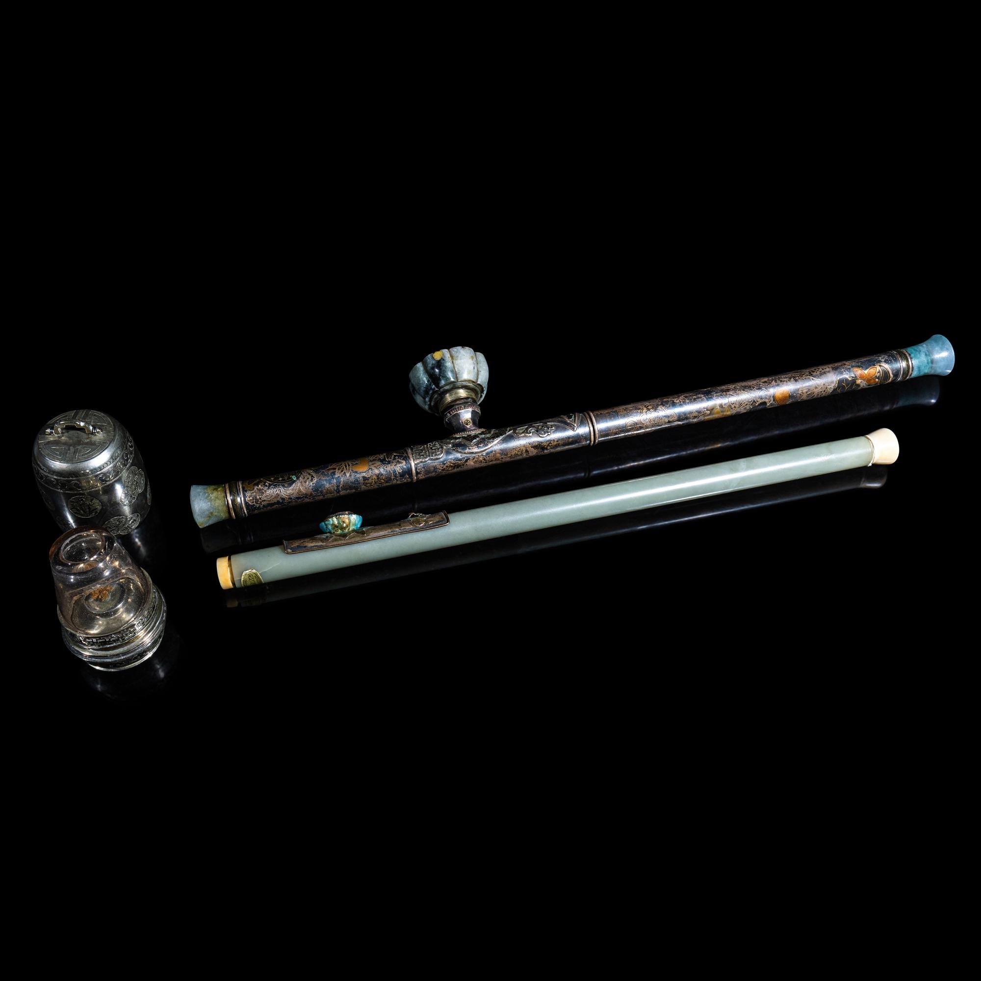 Two Chinese Opium Pipes and One Silver Opium Lamp, Late Qing-Republic Period 晚清-民國 烟槍、煙燈兩套