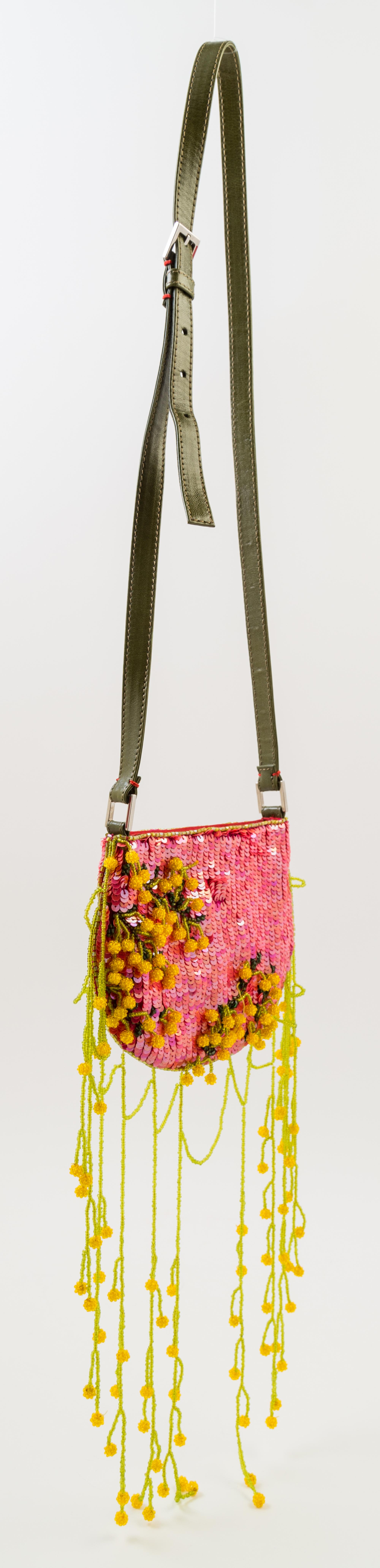 A Valentino Pink Sequin Hand Embroidered Shoulder Bag, 7" x 5.5" x .5"; Strap drop: 17.5".